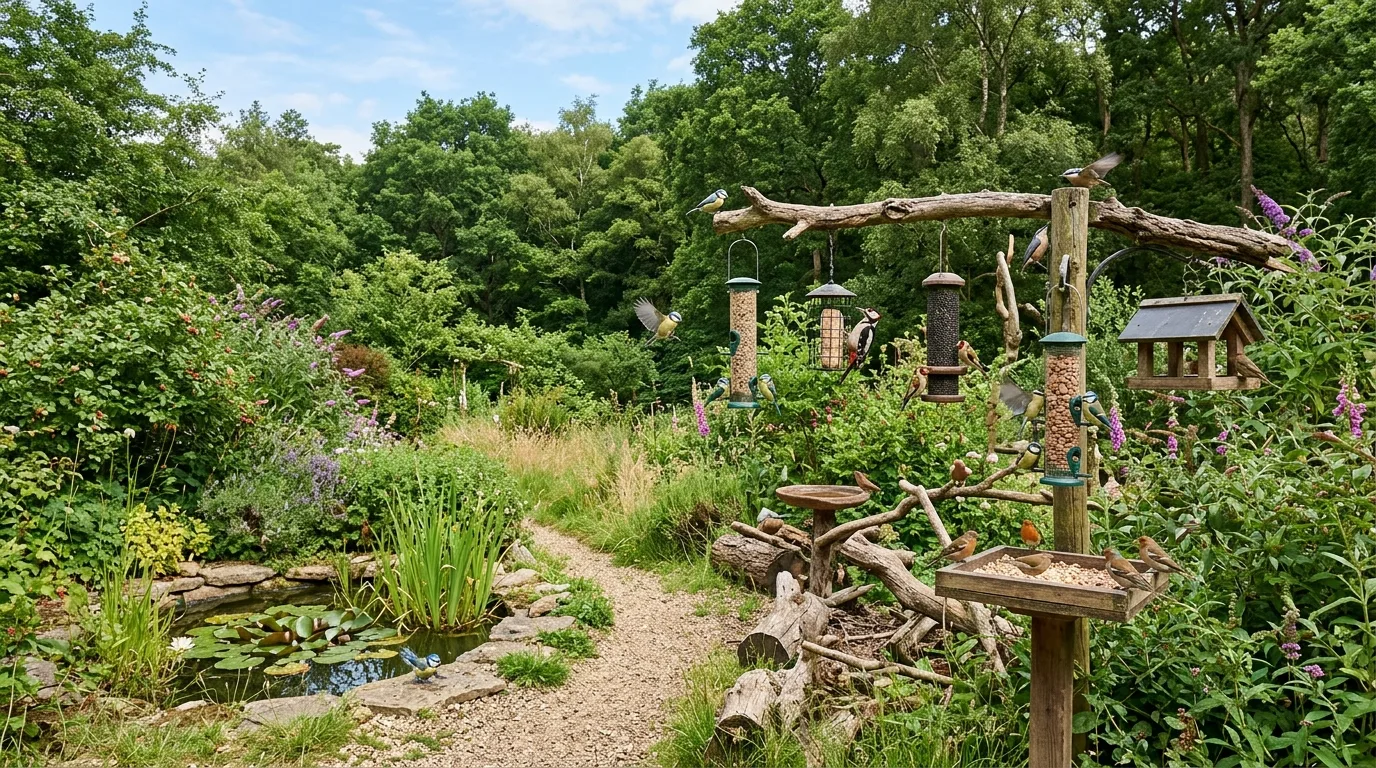 Wildlife feeding station garden area with birds, feeders, shrubs, and habitat planting.