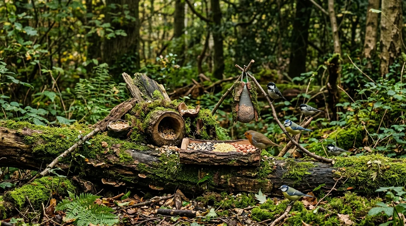 Natural woodland feeding station with logs, moss, and hidden feeders.