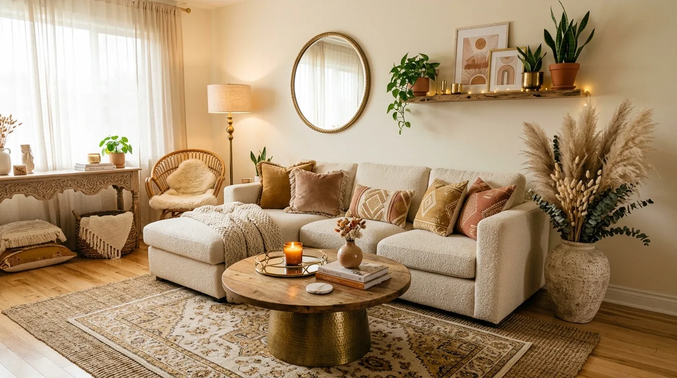 Cozy boho glam living room with plush cream sofa, gold accents, layered rugs, and pampas grass.