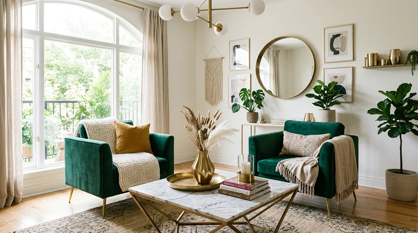 Chic boho glam space with velvet armchairs, marble coffee table, and metallic decor.