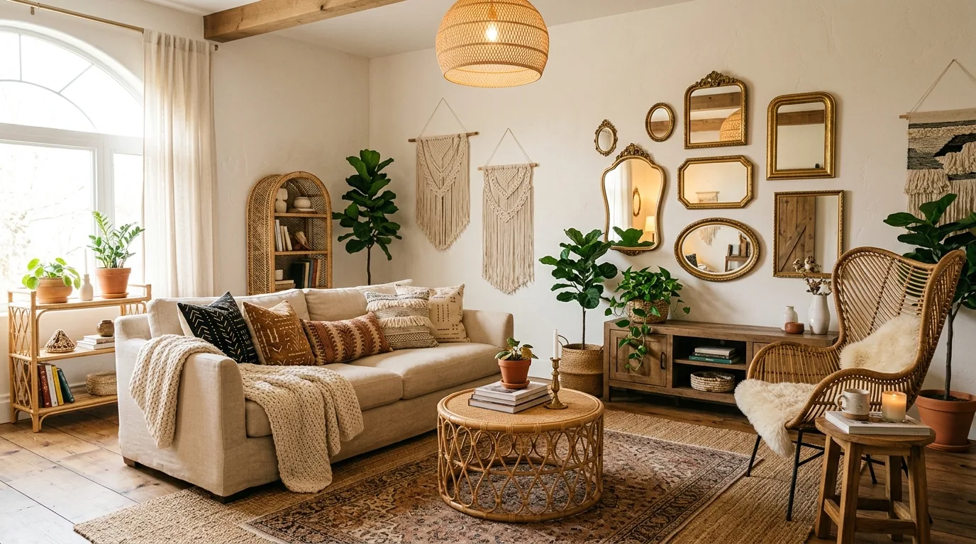 Relaxed bohemian living room with woven furniture, macrame wall hangings, and gold mirrors.