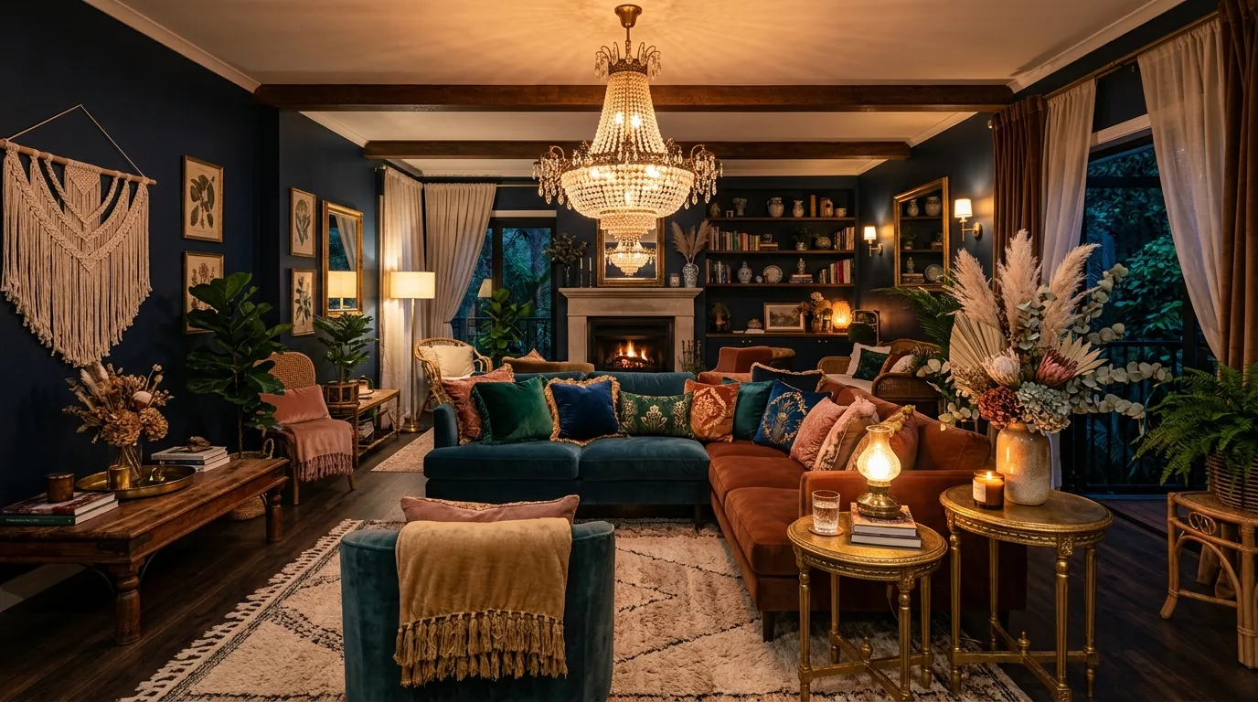 Luxury boho glam lounge with velvet cushions, crystal chandelier, and gold side tables.