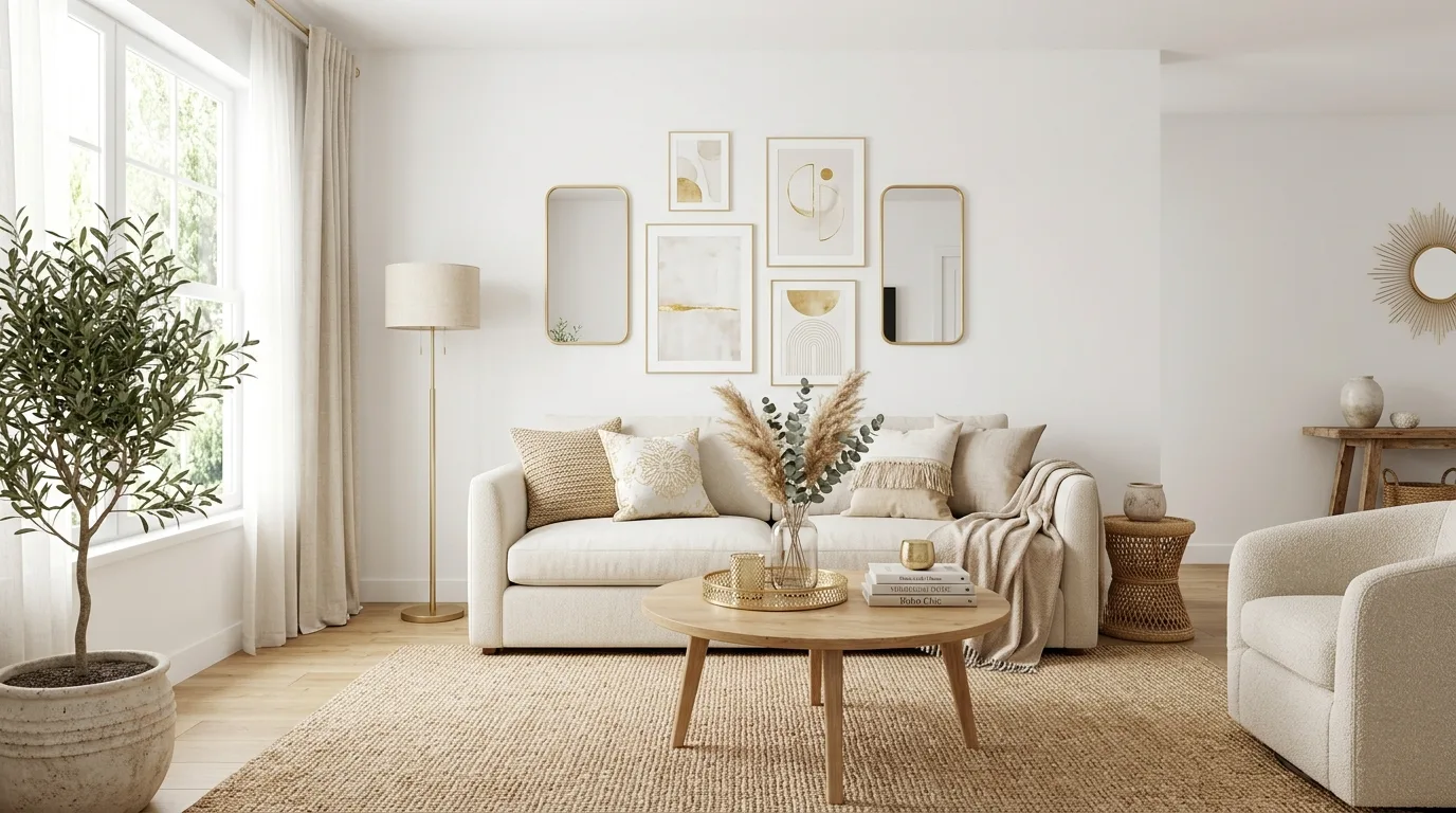 Minimalist boho glam living room with white walls, soft beige seating, and subtle gold decor.