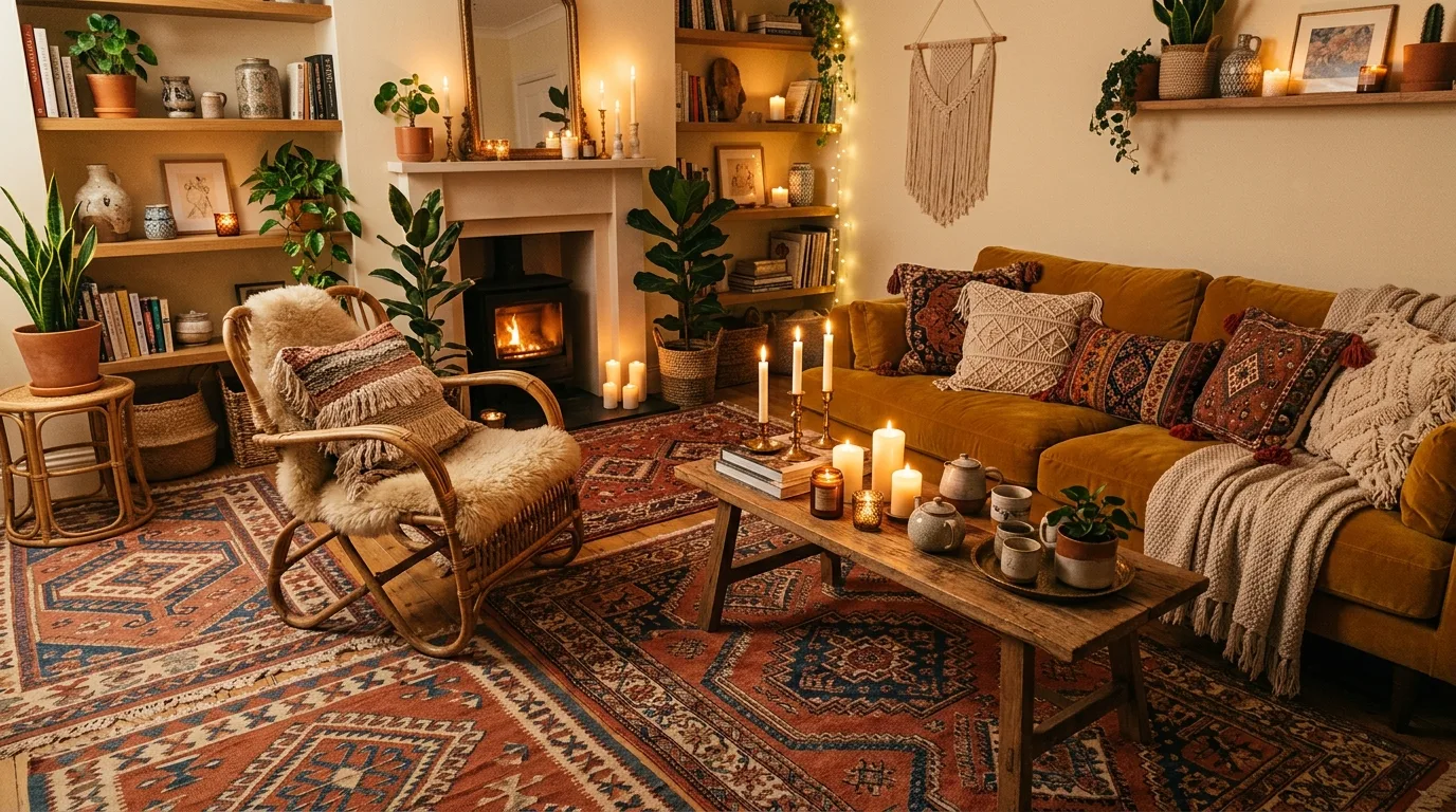 Cozy layered boho living room with patterned rugs, textured pillows, and warm candlelight.