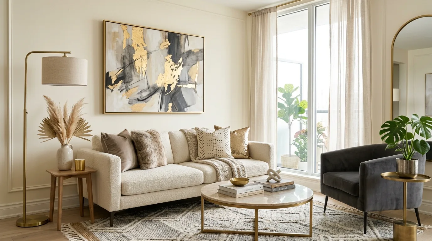Modern boho glam interior with sleek furniture, abstract art, and metallic accents.