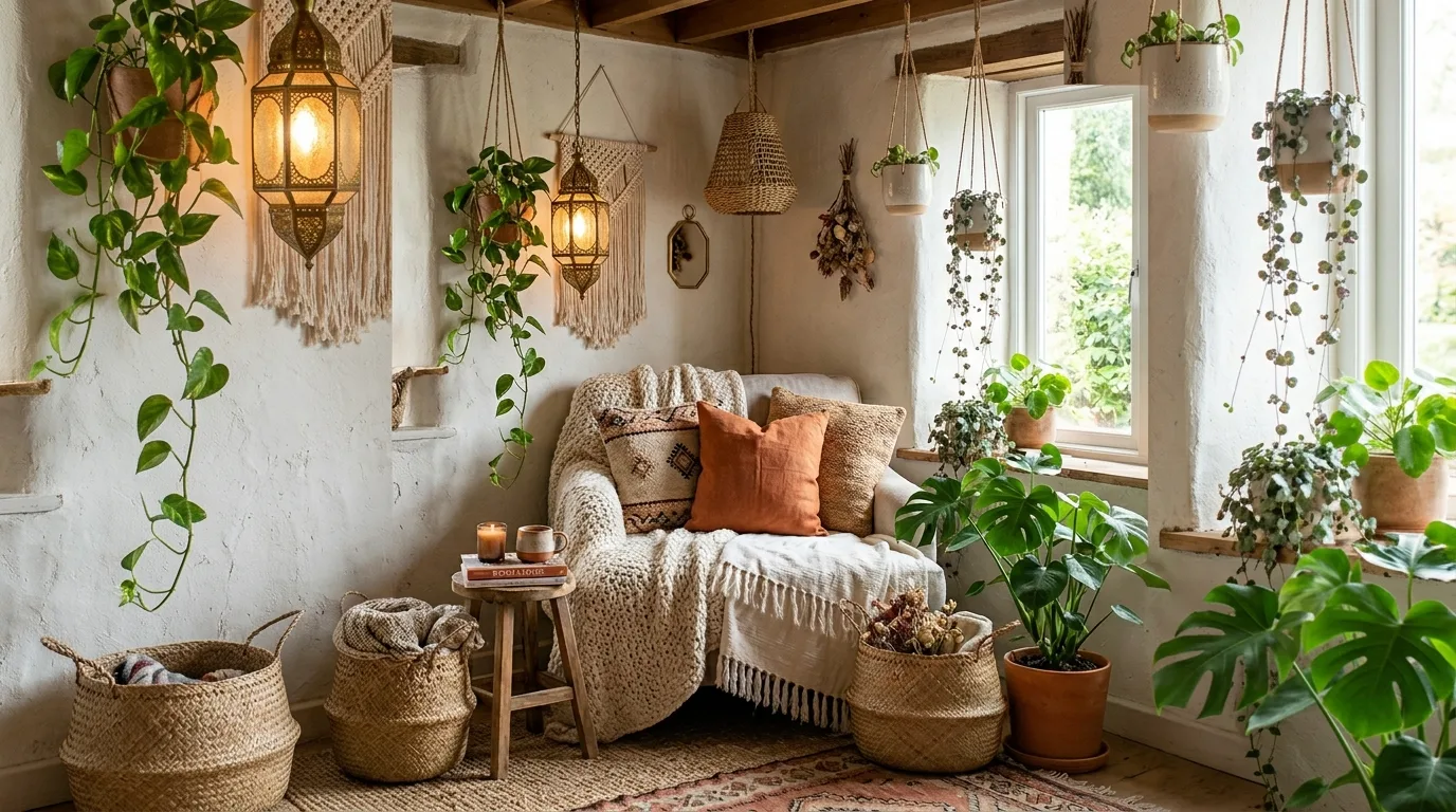 Warm boho glam corner with hanging lanterns, woven baskets, plants, and soft throws.