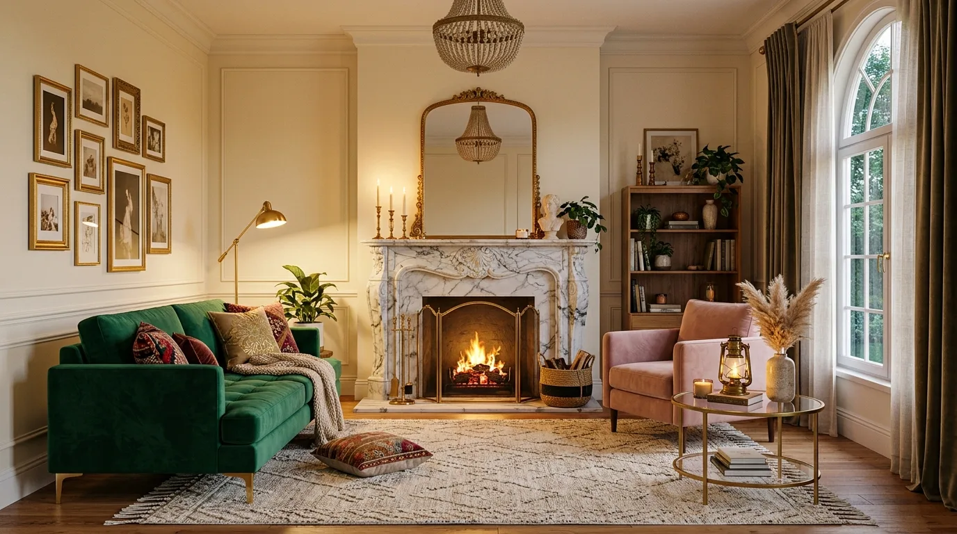 Sophisticated boho glam living room with marble fireplace and gold-framed mirrors.