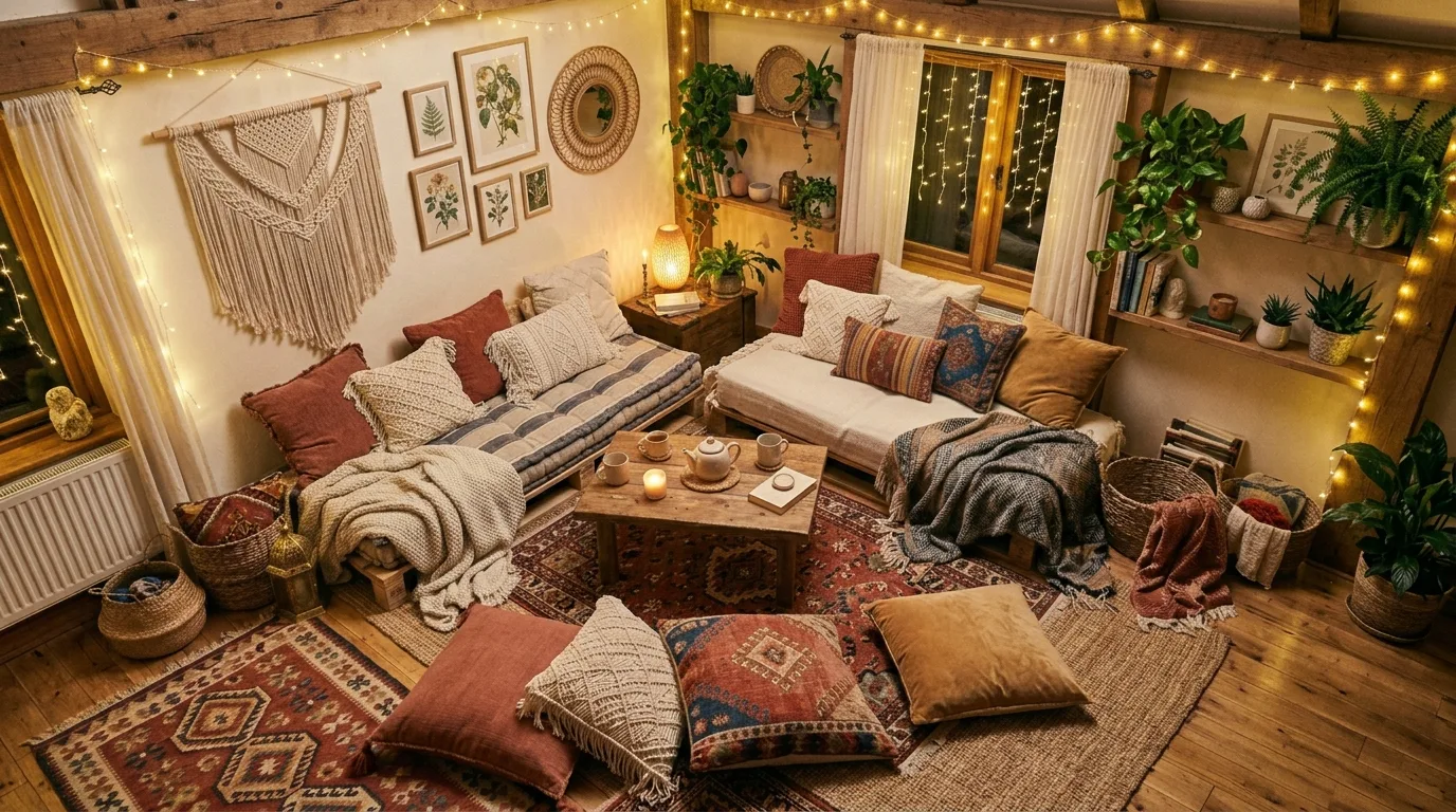 Relaxed boho lounge with floor cushions, layered textiles, and fairy lights.