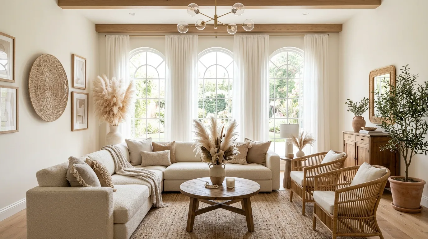 Chic boho glam living space with arched windows, sheer curtains, and pampas grass.