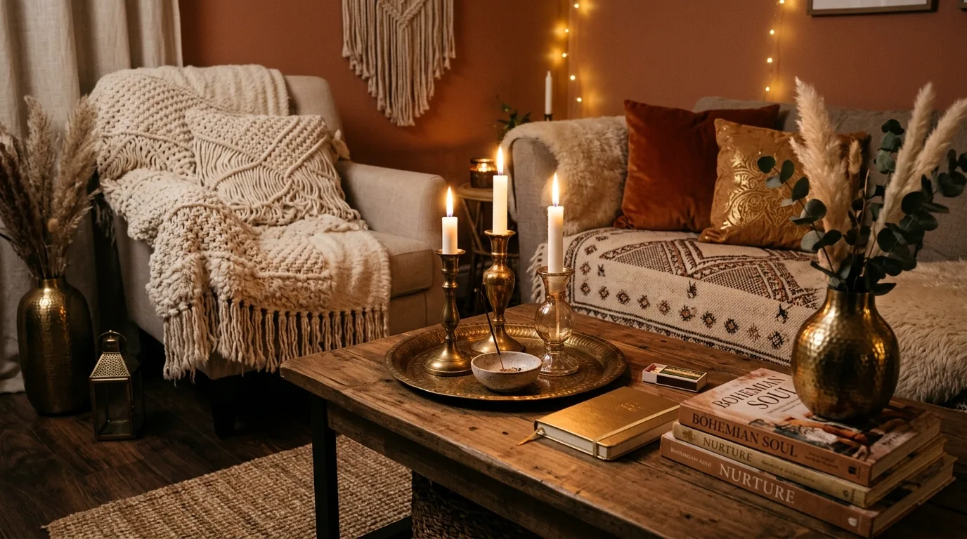 Cozy evening boho glam living room with candle clusters, textured throws, and metallic accents.