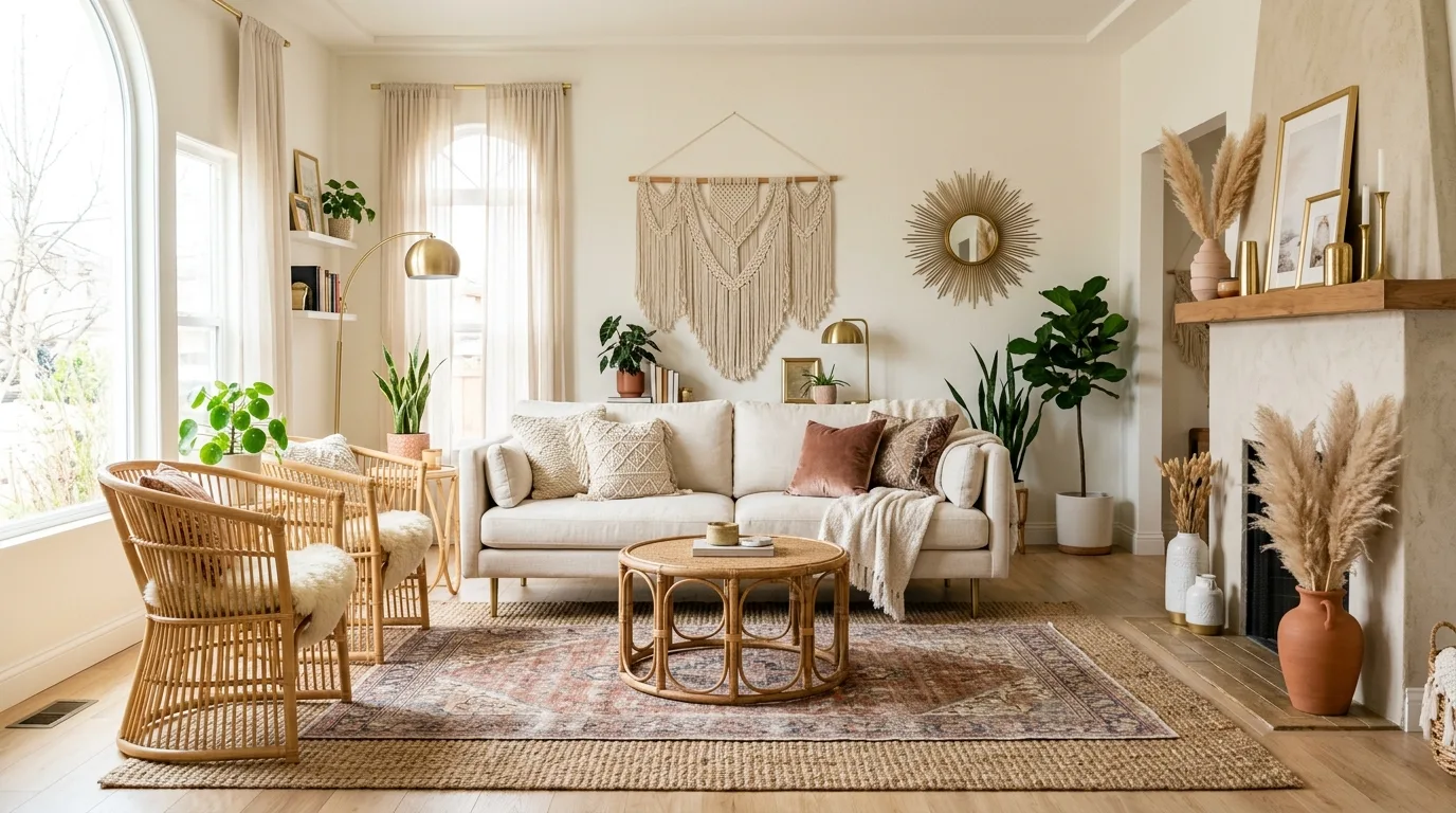 Boho glam living room with rattan chairs, plush sofa, gold accents, and layered rugs.