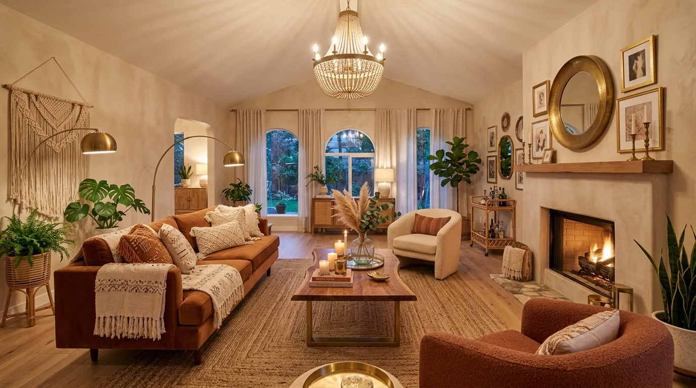 Wide-angle boho glam living room with coordinated textures, metallic highlights, and cozy lighting.