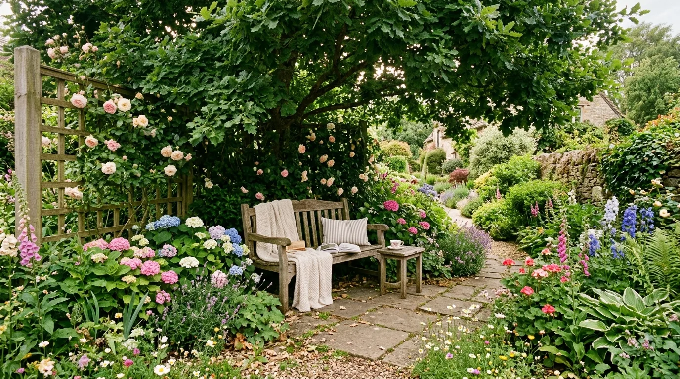 Cozy garden reading nook with wooden bench beneath a leafy tree.
