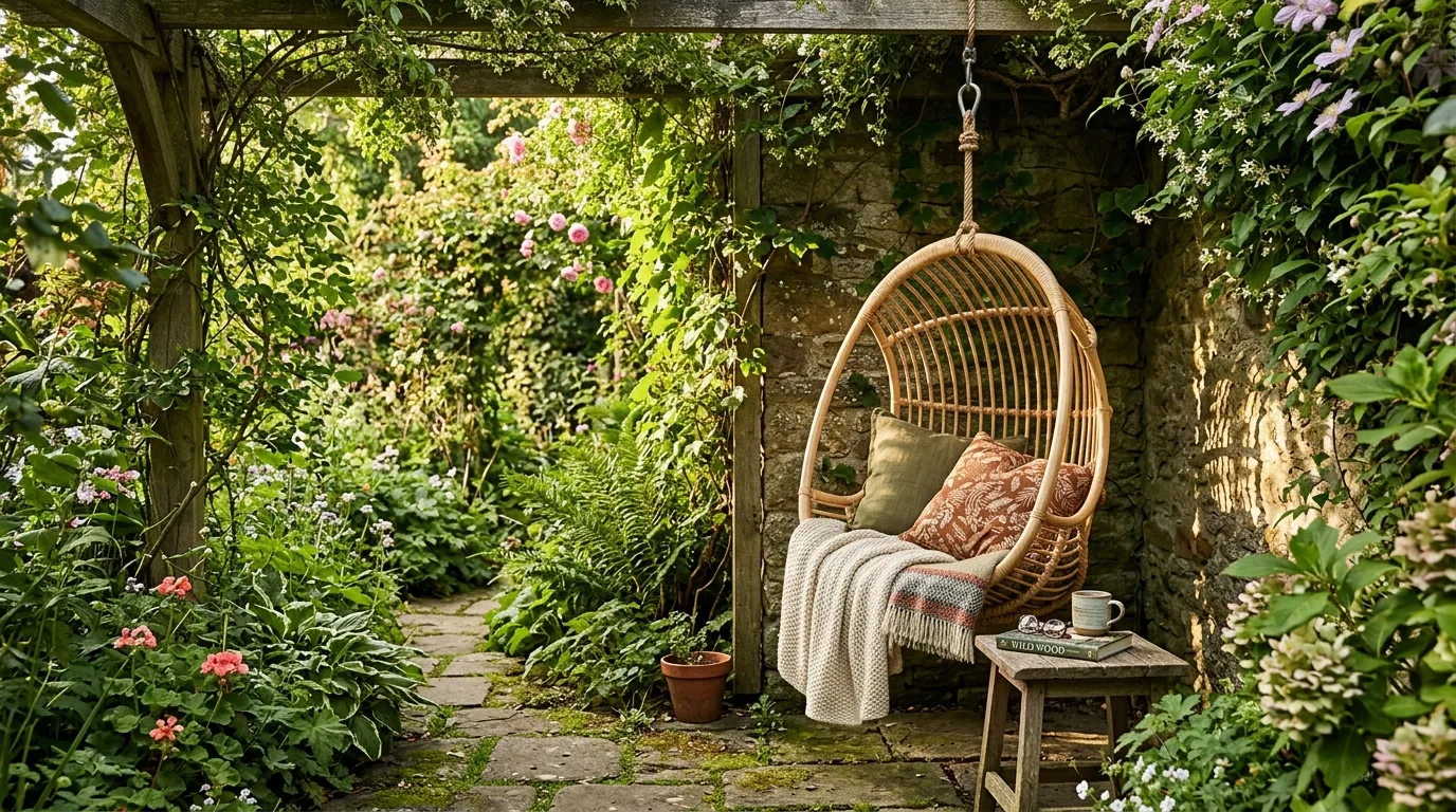Hidden garden reading corner with hanging rattan chair and trailing vines.