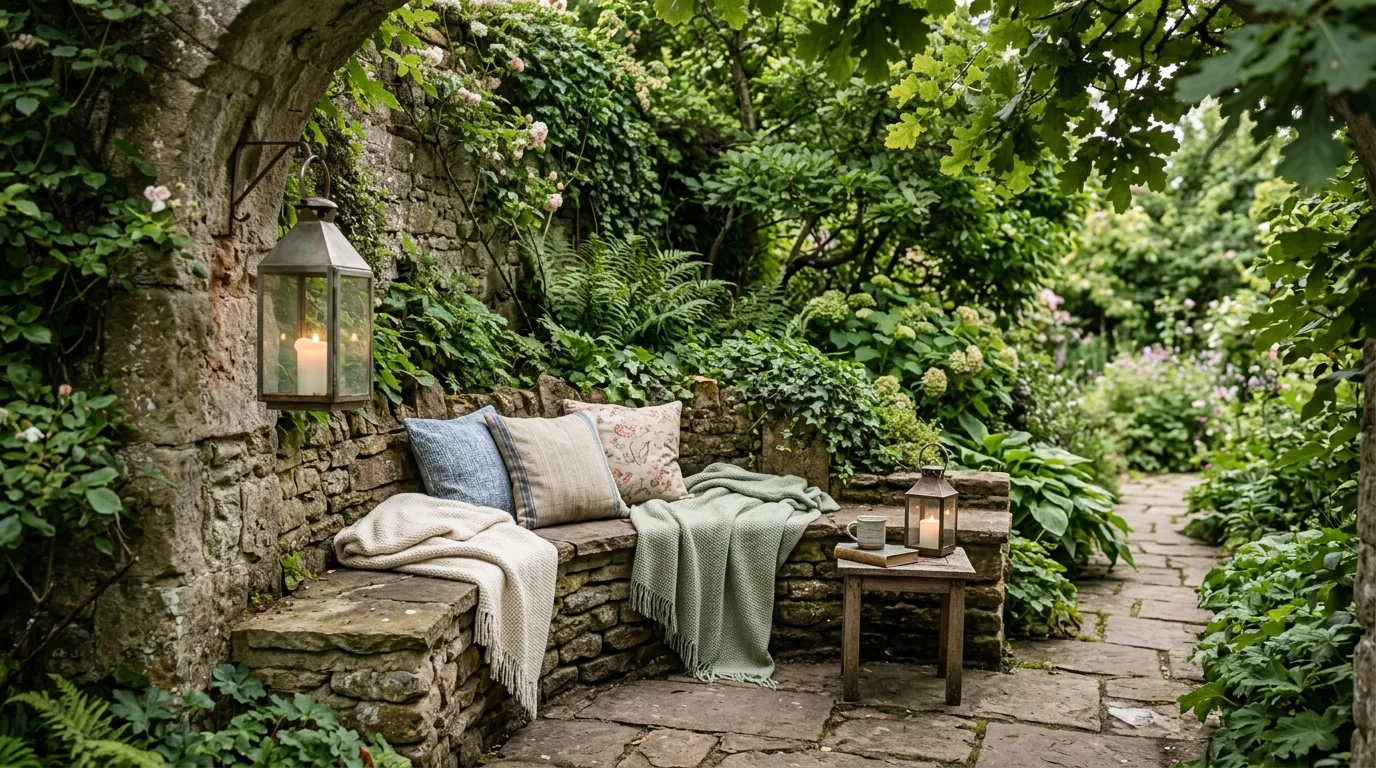 Stone garden nook with built-in seating, blankets, and lantern decor.
