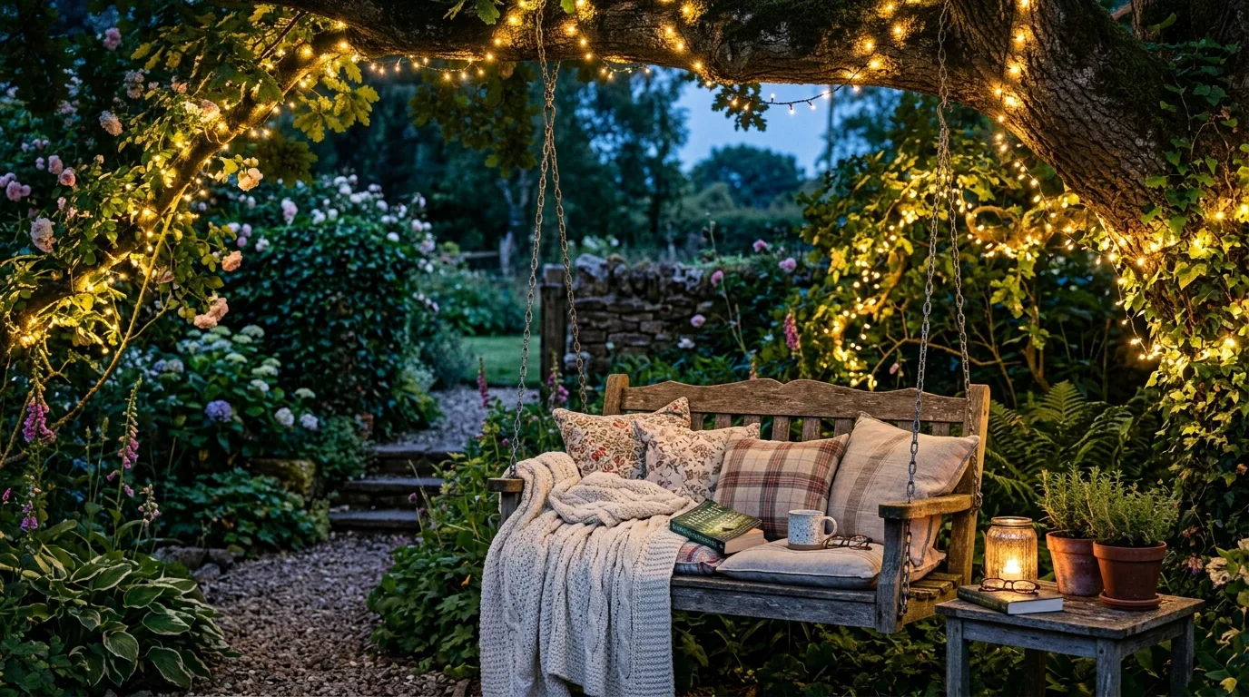 Rustic garden reading spot with wooden swing seat and fairy lights.
