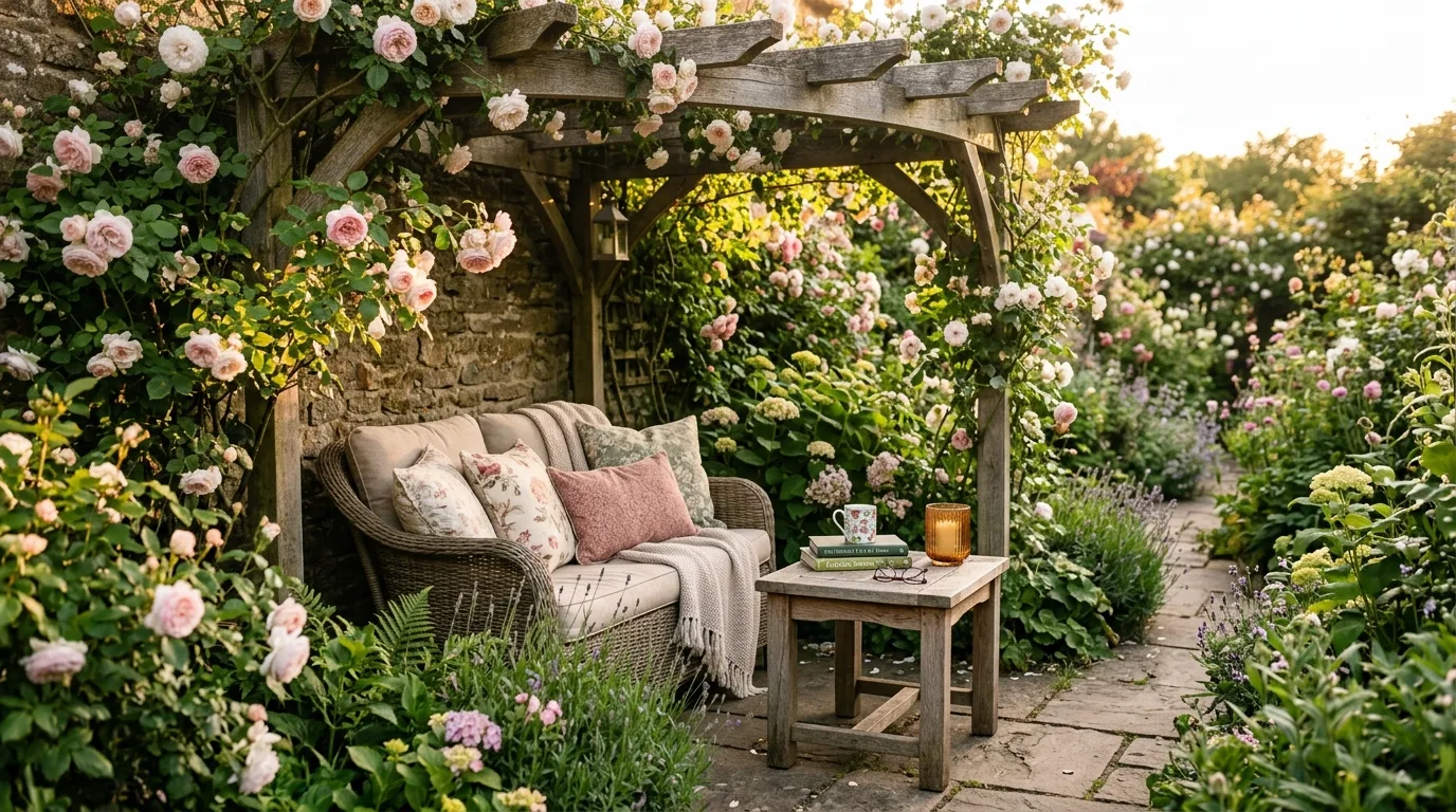 Pergola-covered garden nook with climbing roses and cushioned seating.