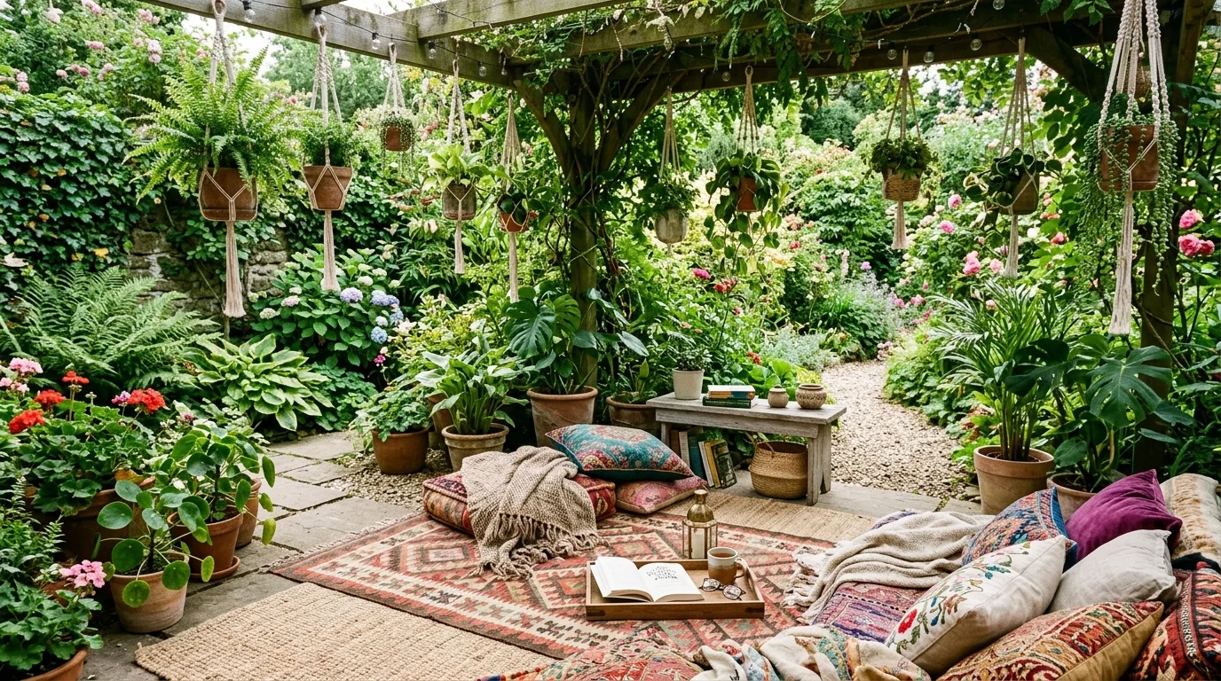 Boho garden reading area with layered rugs, floor cushions, and hanging plants.
