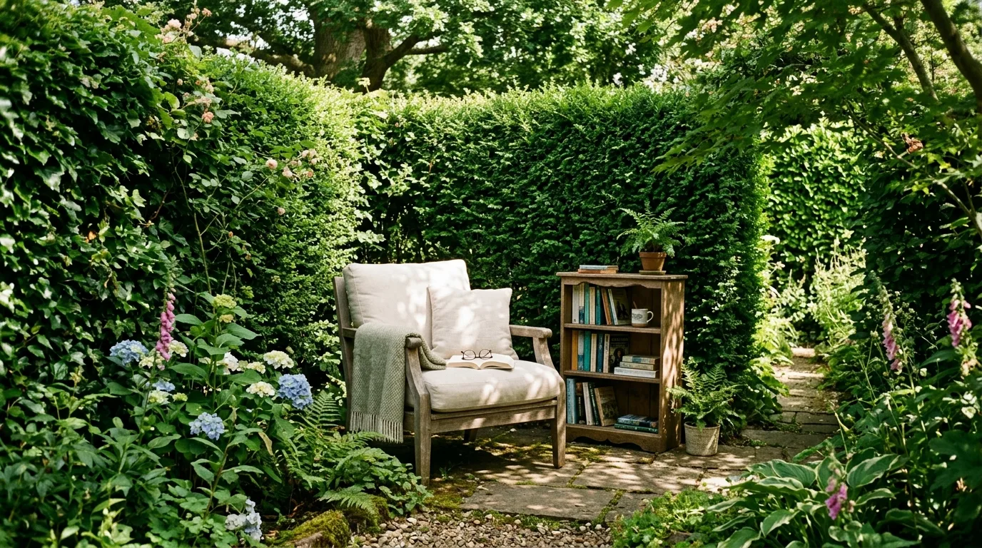 Secluded garden nook behind hedges with armchair and small bookshelf.