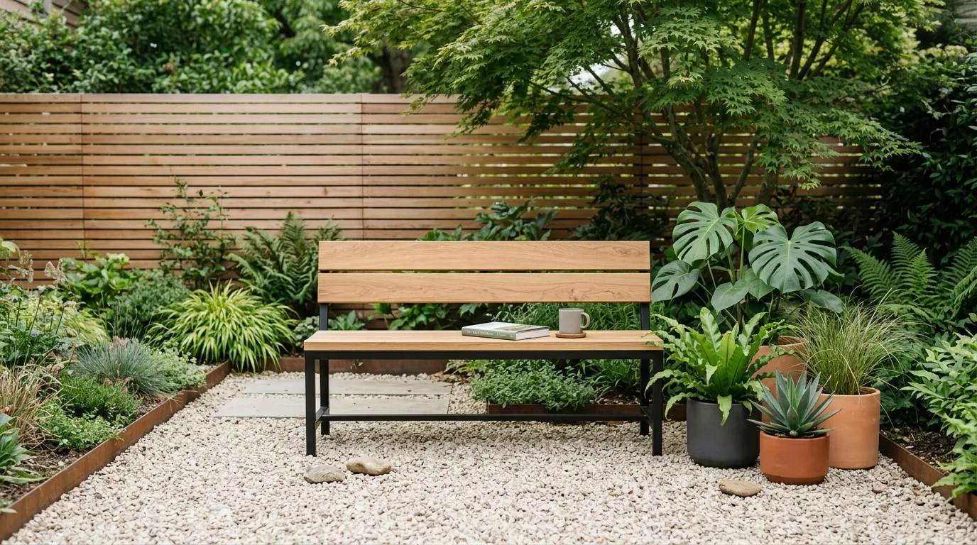 Minimalist garden reading space with bench, gravel, and potted plants.