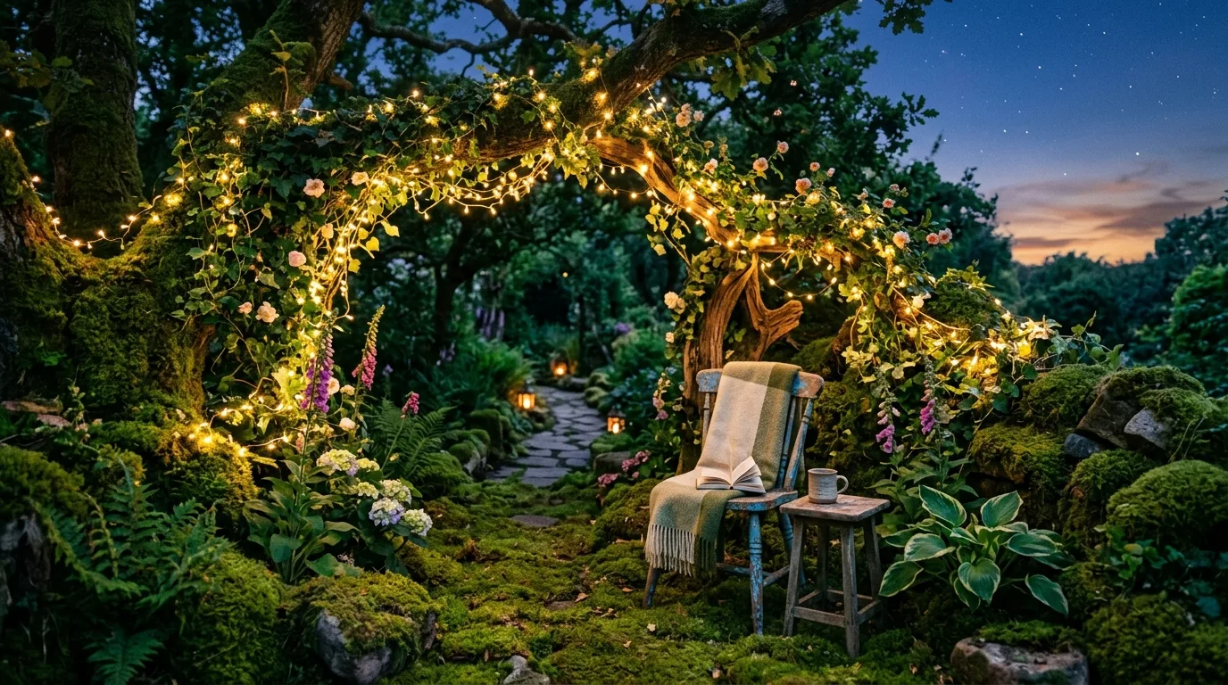Whimsical garden nook with fairy lights and mossy surroundings.
