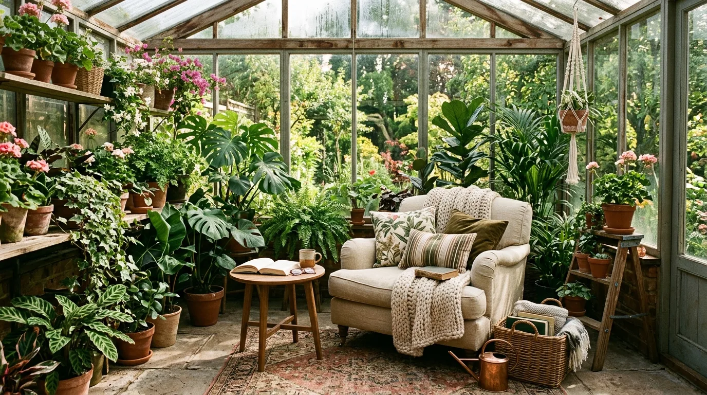 Cozy greenhouse reading corner with lush plants and comfortable chair.