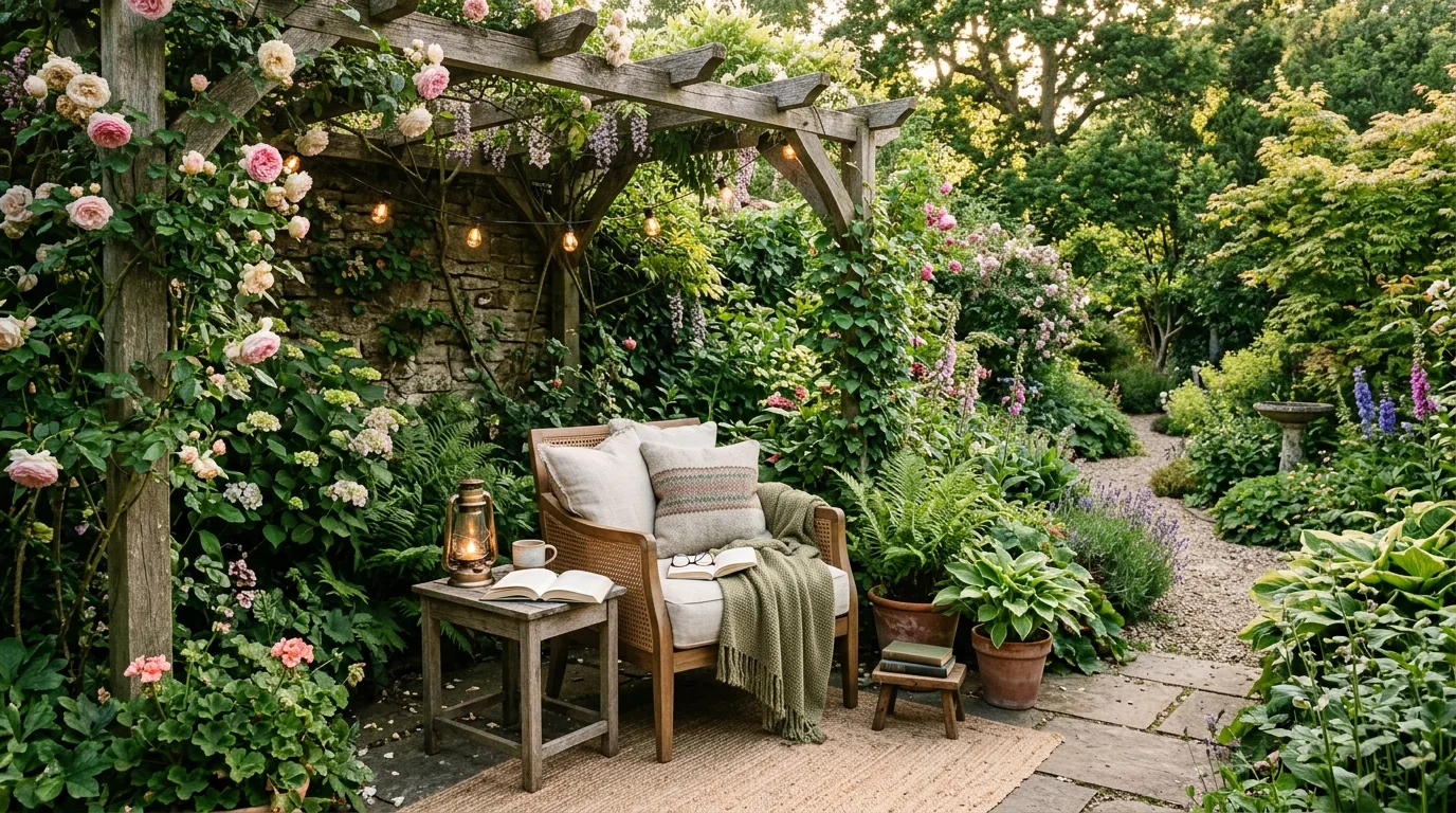 Fully styled garden reading nook with seating, plants, and soft lighting.