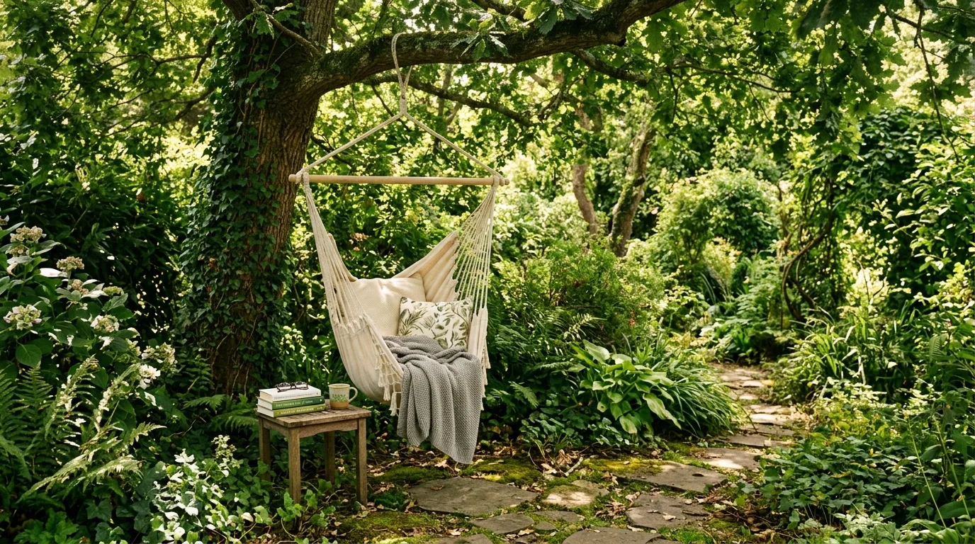 Shaded garden nook with hammock chair, cushions, and books under a tree canopy.