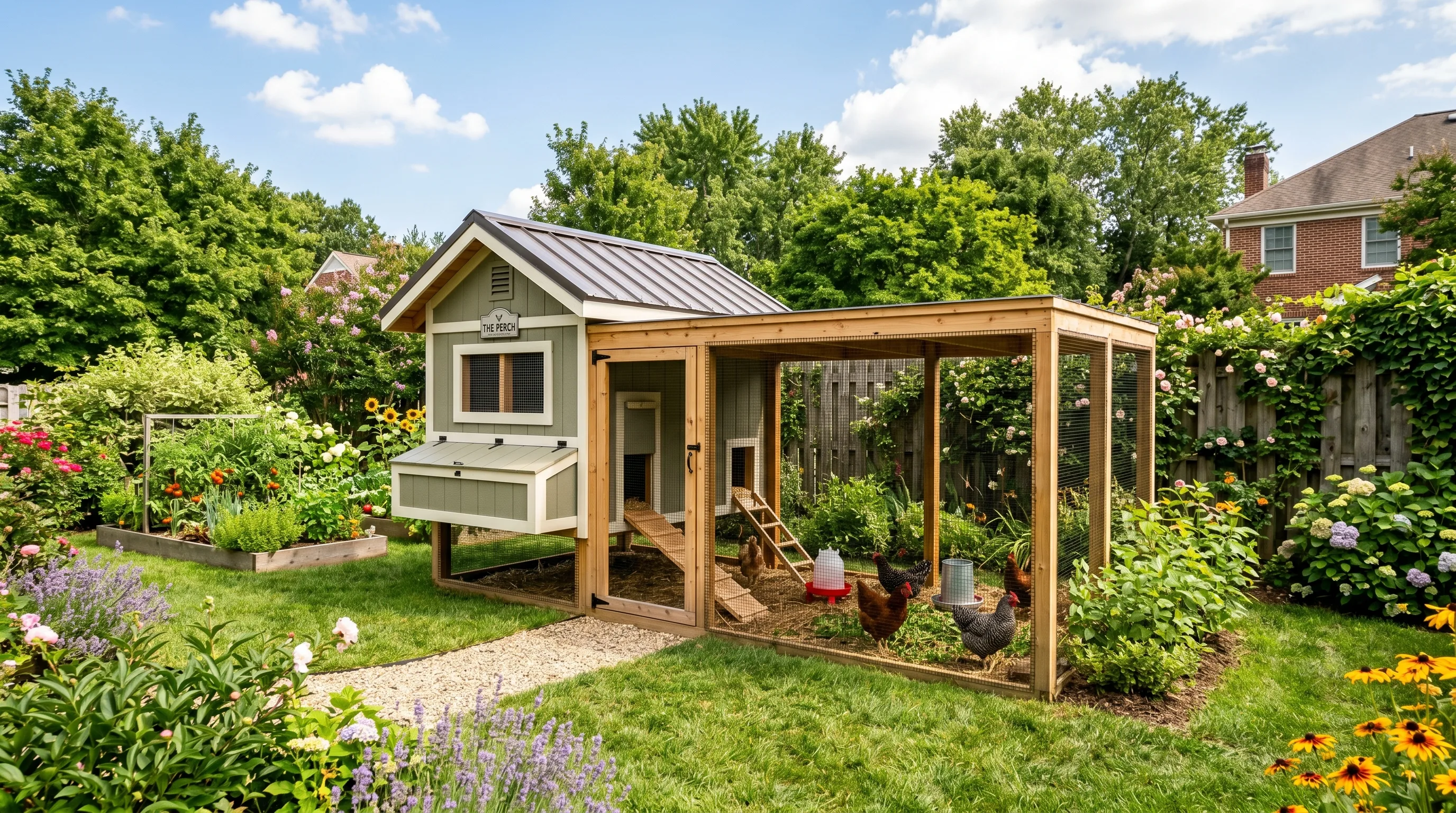 Modern chicken coop with clean wood design, wire fencing, and attached run in a sunny backyard.
