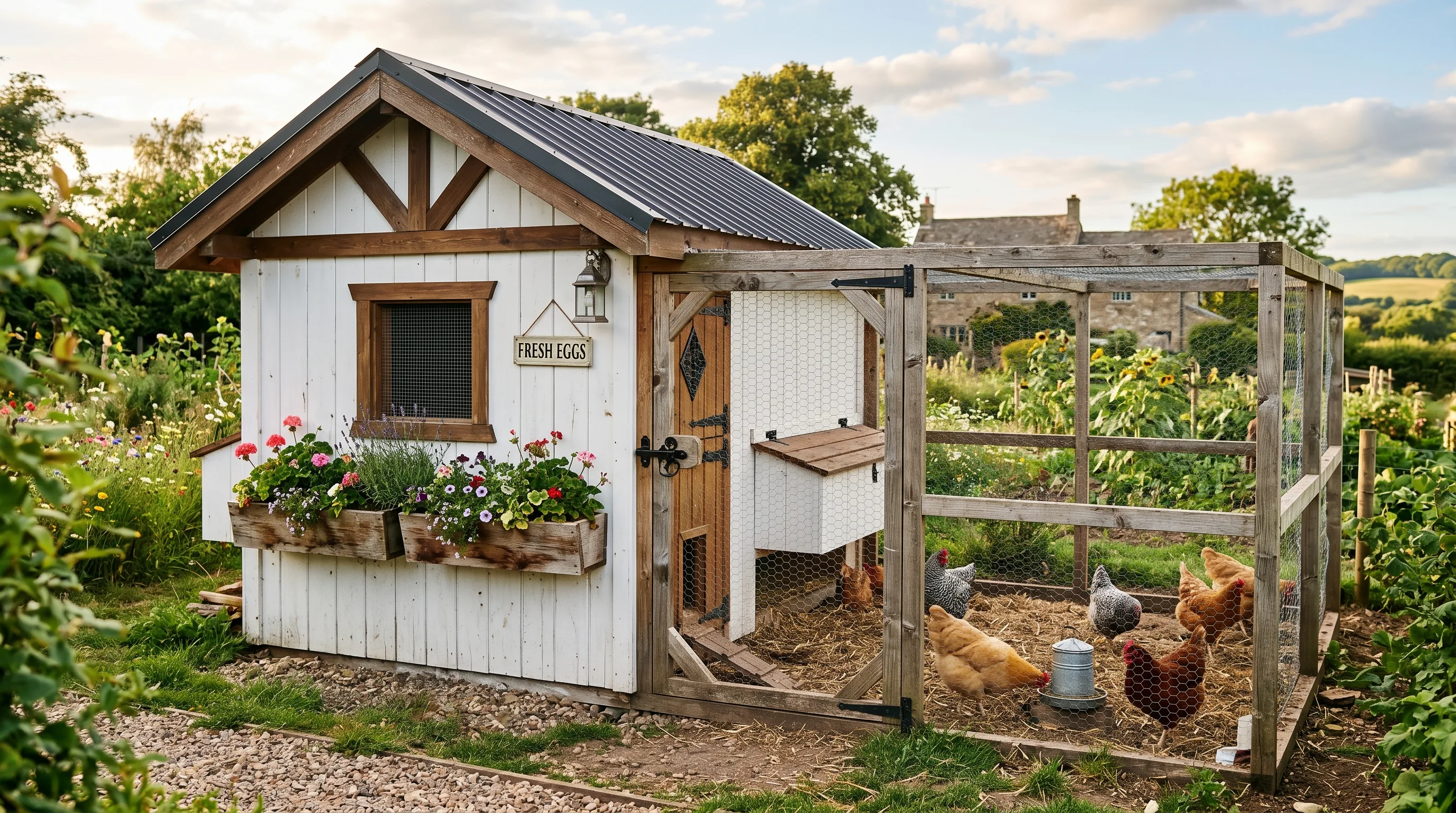 Rustic farmhouse chicken coop painted white with flower boxes and fenced run.
