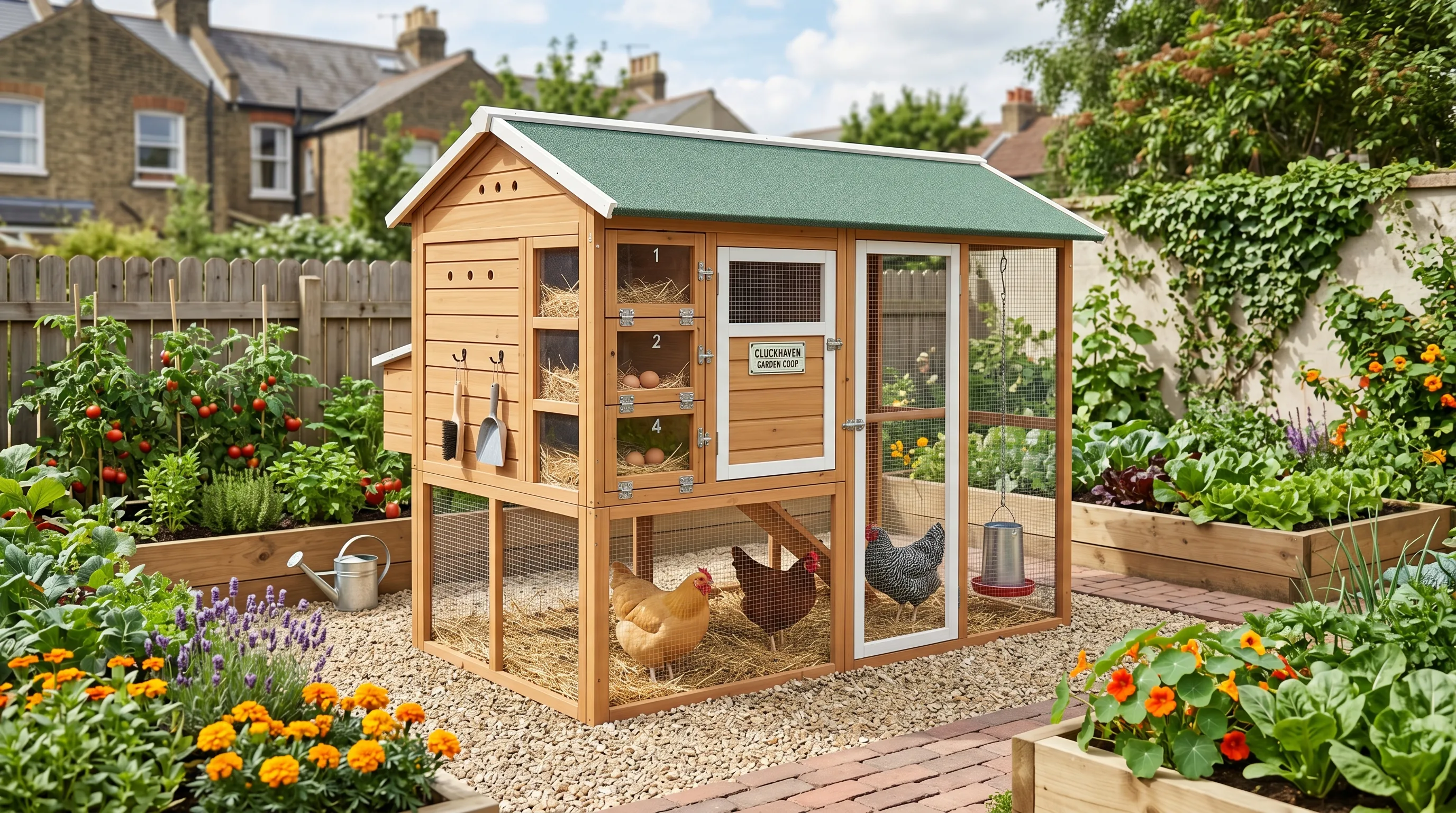 Compact urban chicken coop with space-saving design and stacked nesting boxes.