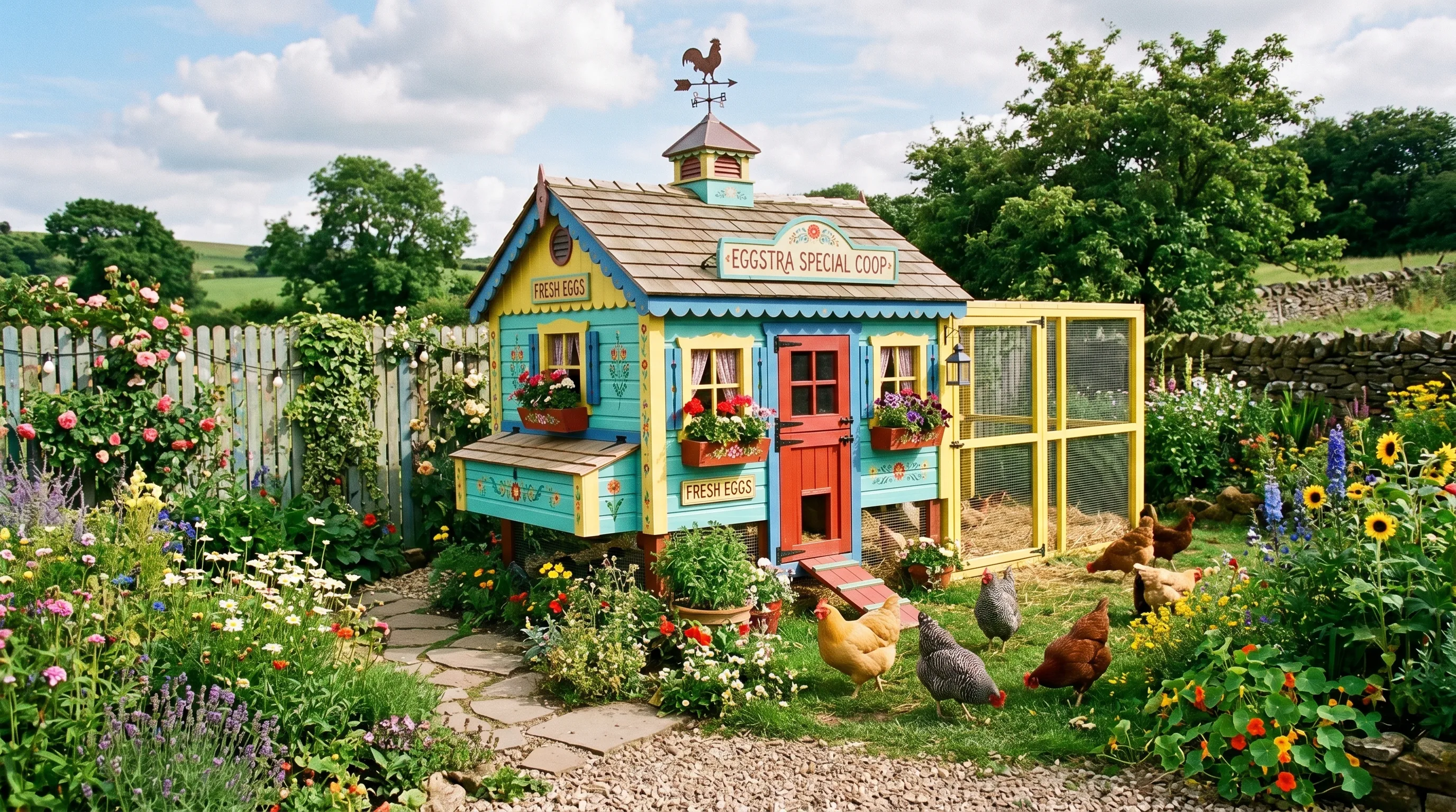 Whimsical chicken coop painted in bright colors with decorative accents.