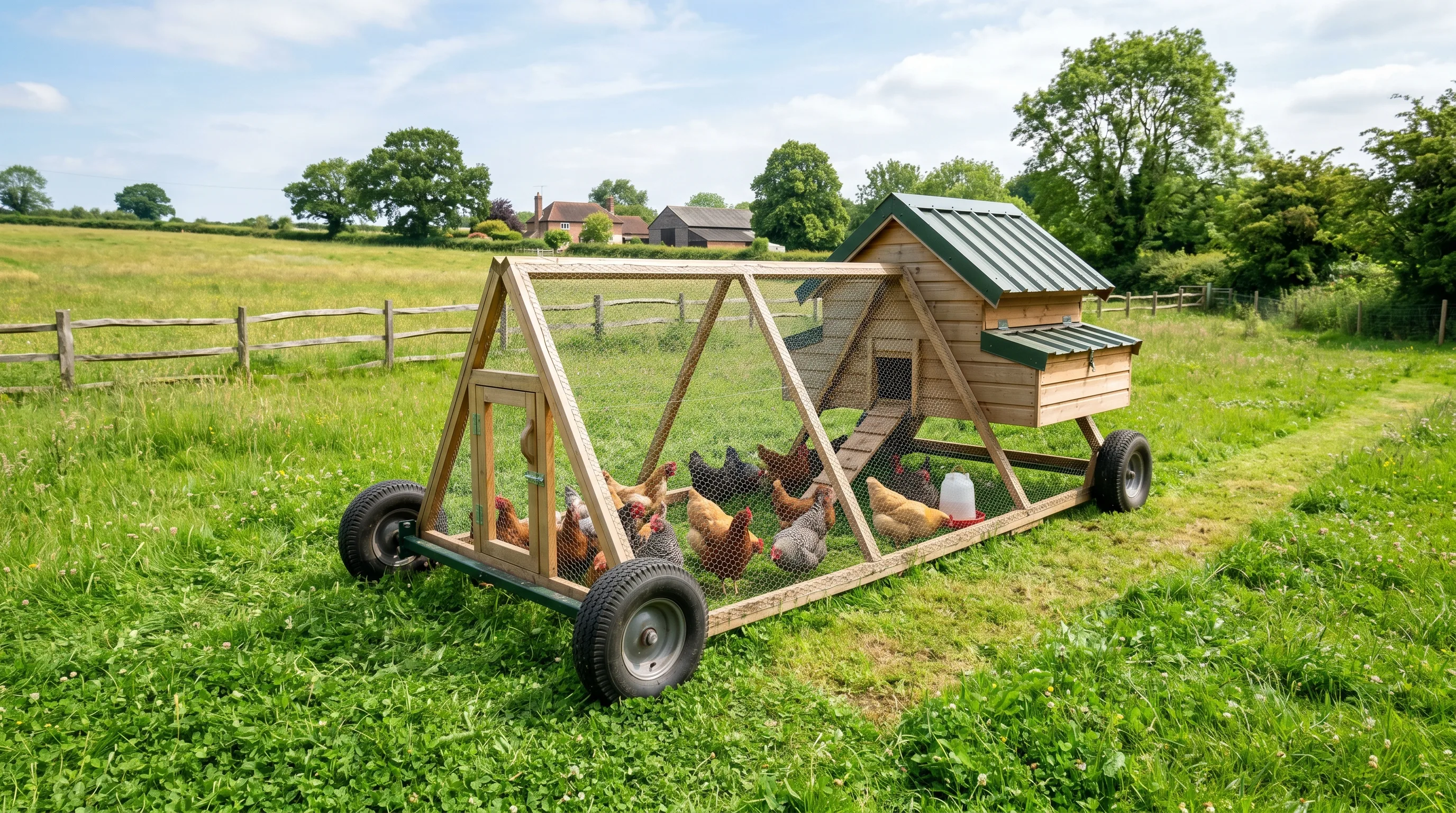 Mobile chicken tractor coop on wheels placed on a grassy yard.