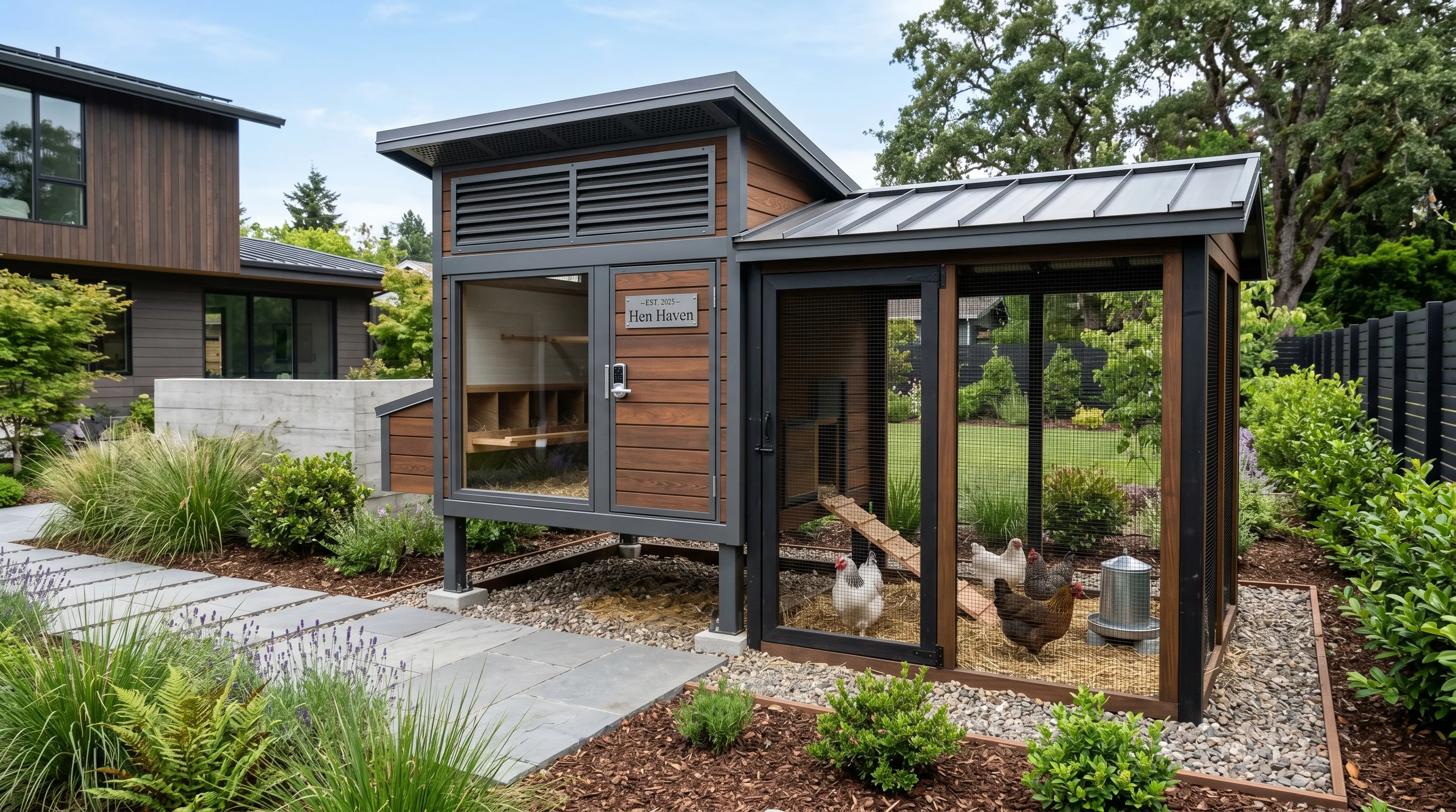 Luxury modern chicken coop with sleek wood panels and metal accents.