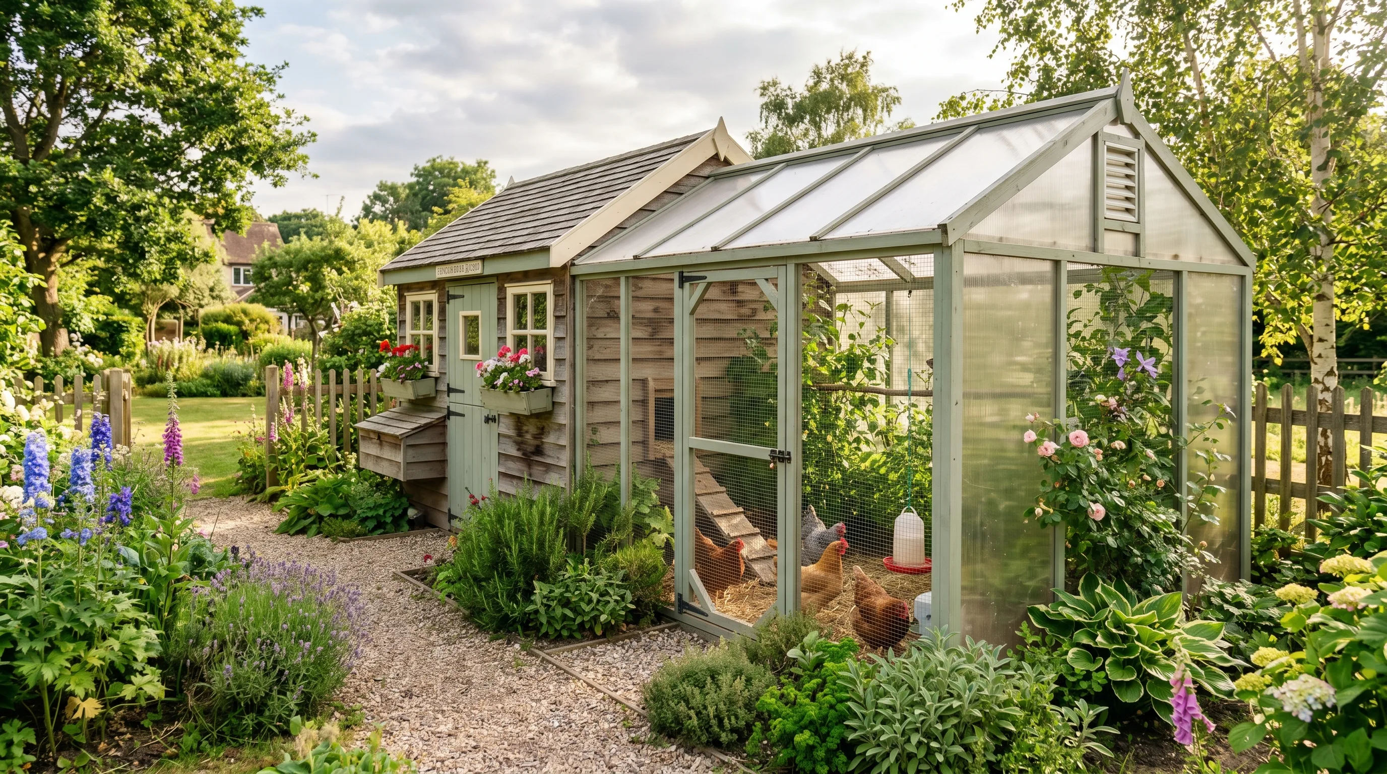 Backyard chicken coop with attached greenhouse-style run and lush greenery.