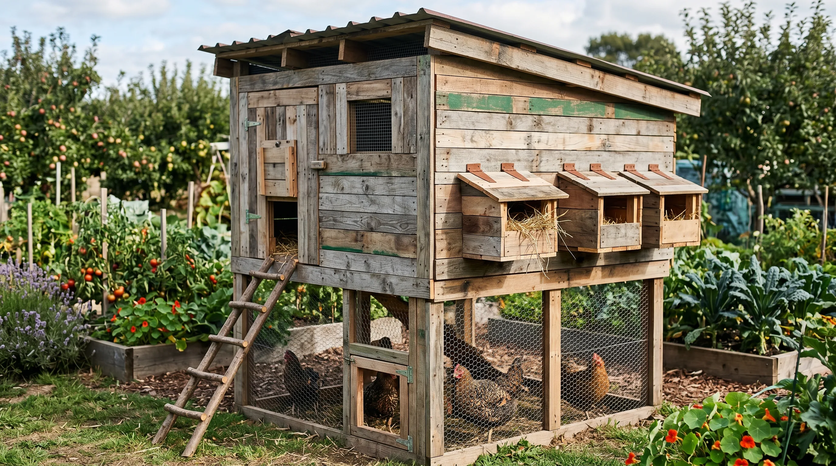 DIY pallet chicken coop made from reclaimed wood with nesting boxes.
