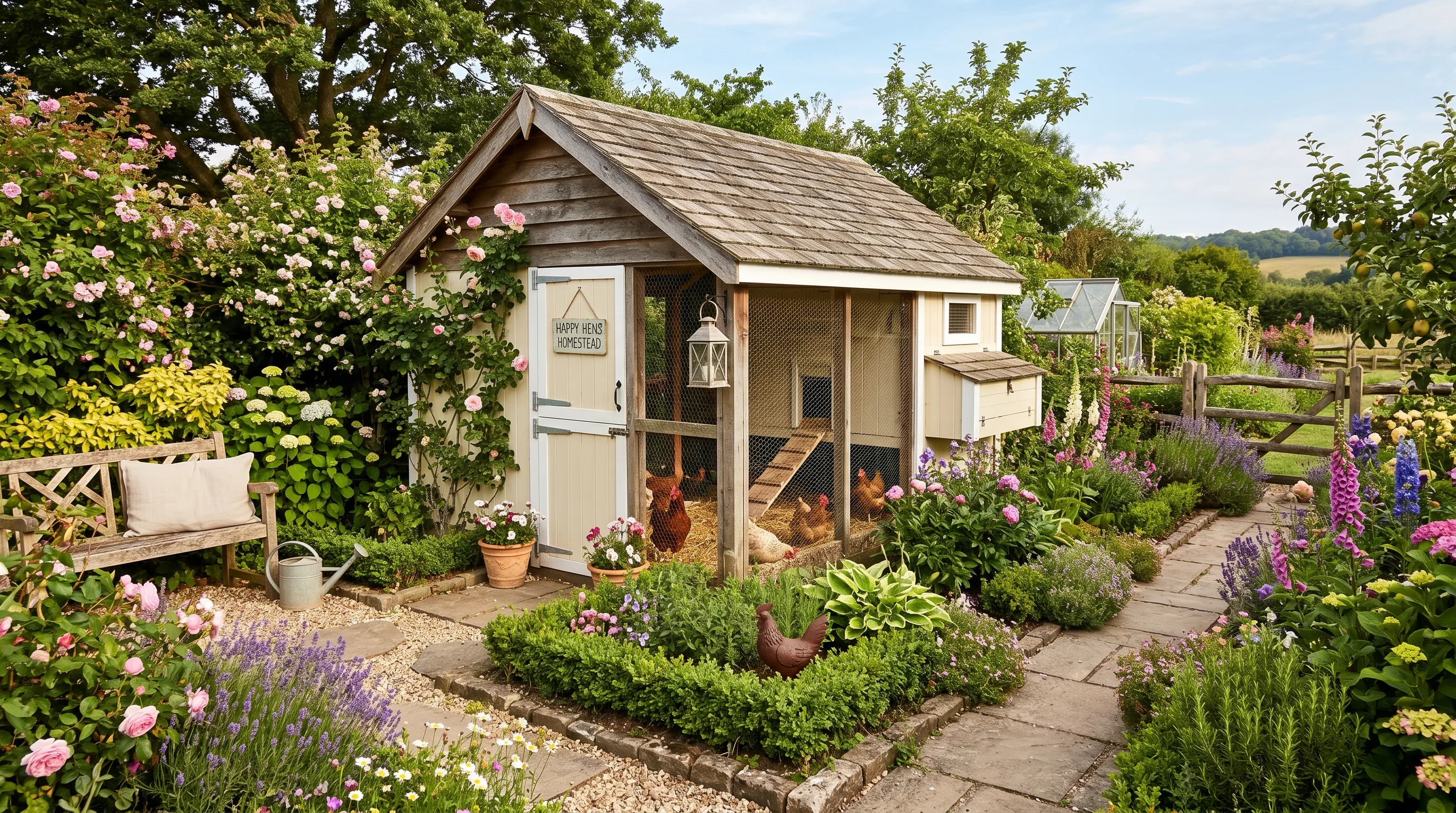 Chicken coop integrated into a landscaped garden with flowers and pathways.