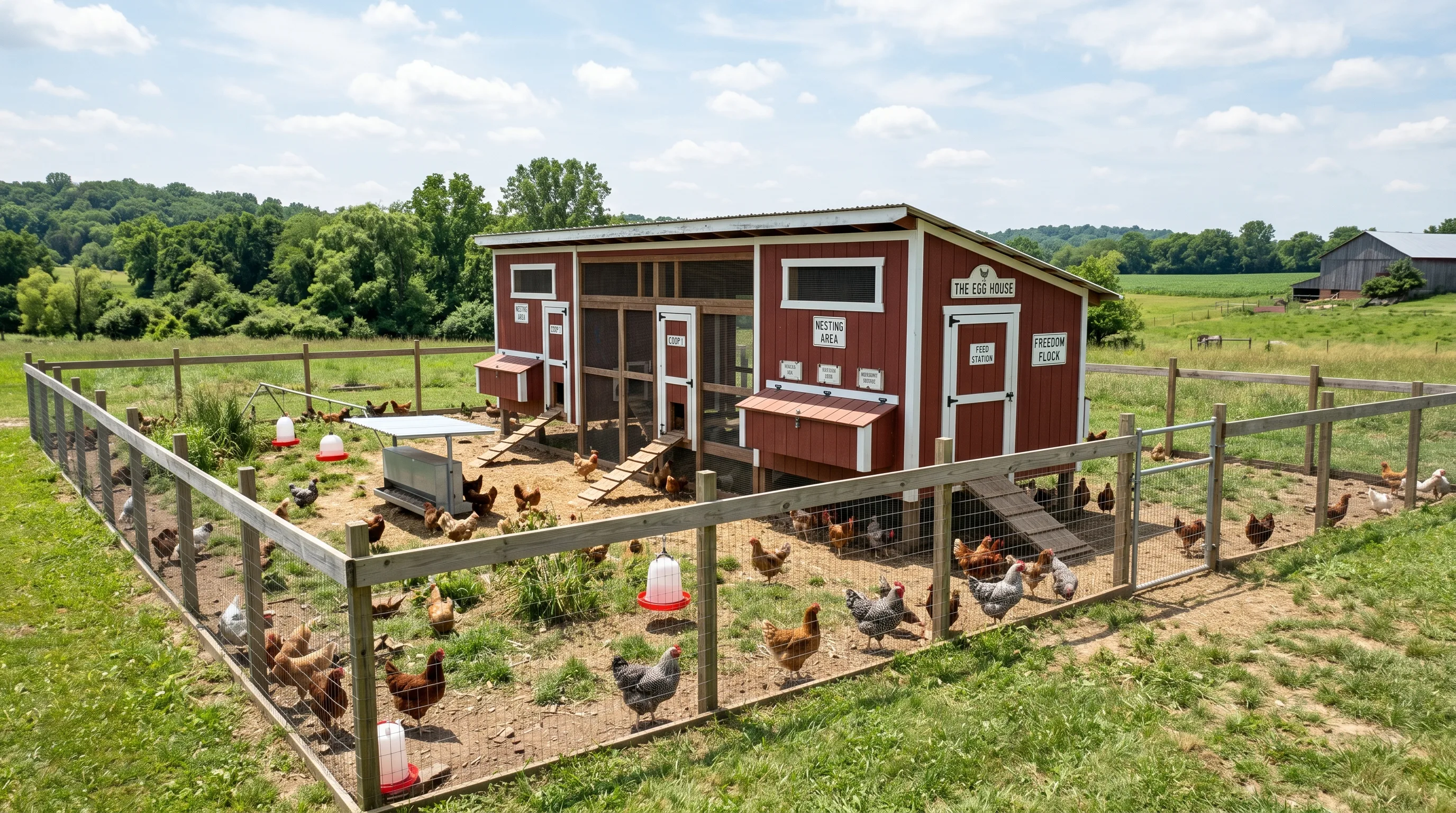 Large chicken coop with multiple compartments and fenced free-range area.