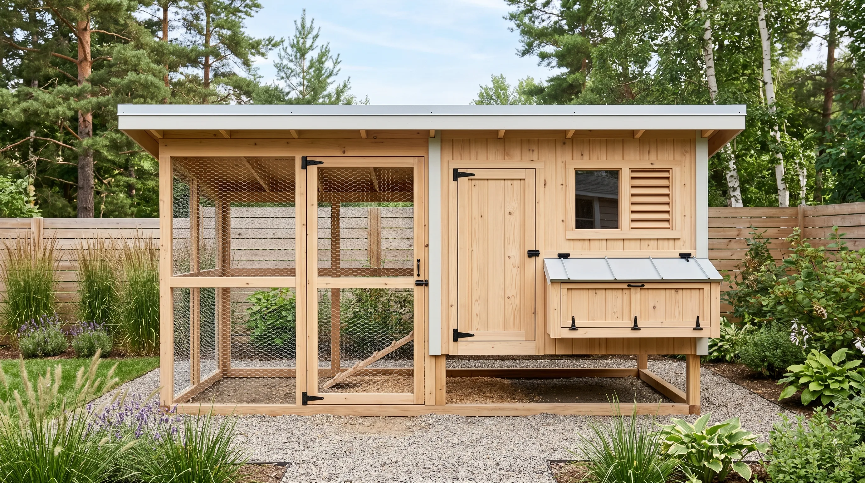 Scandinavian-style minimalist chicken coop with light wood and clean lines.
