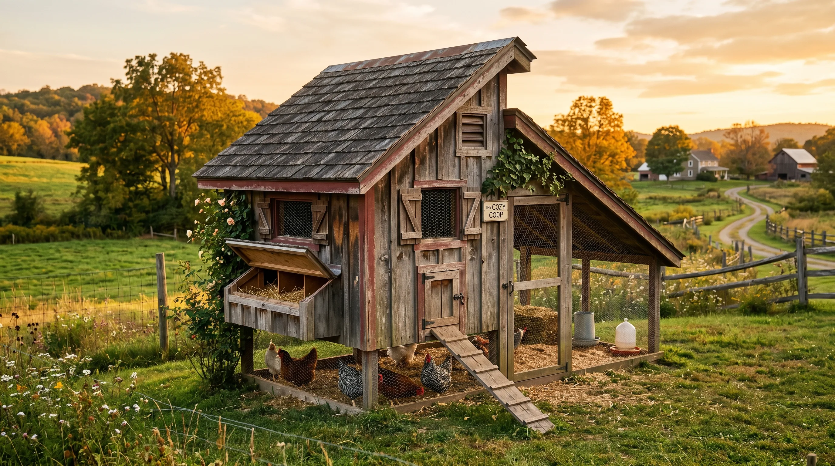 Farmhouse-style chicken coop with sloped roof and weathered wood.