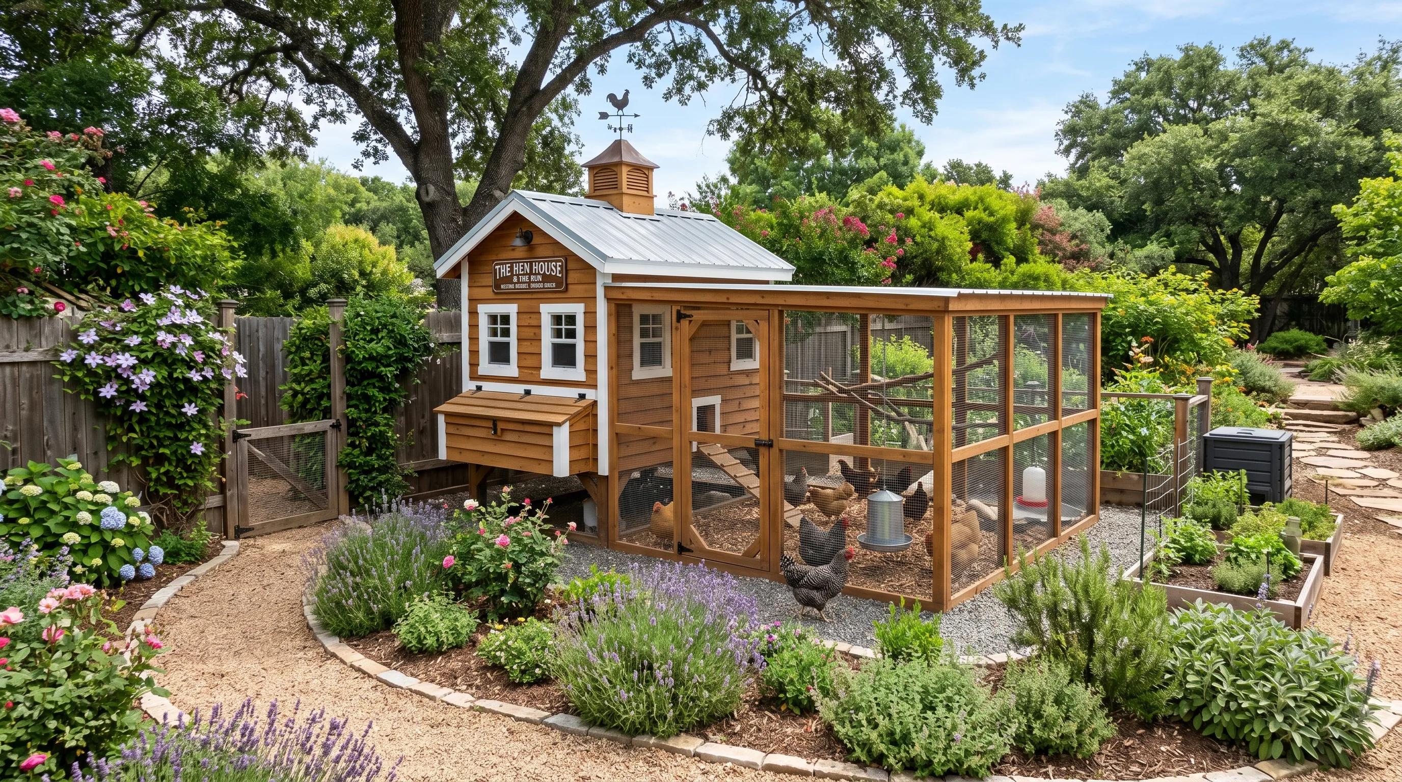 Fully designed chicken coop setup with functional zones, fencing, and landscaped surroundings.