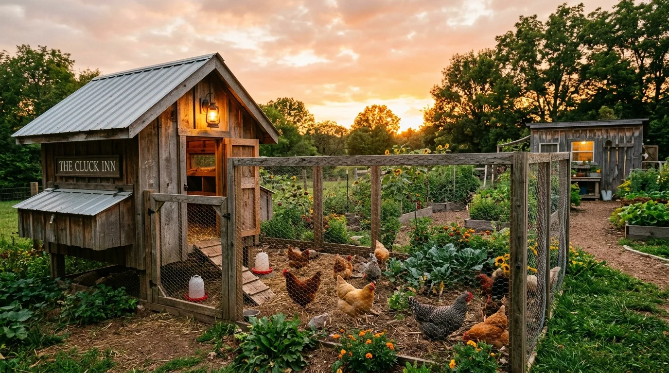 Backyard chicken coop at sunset with warm glowing light and fenced roaming area.