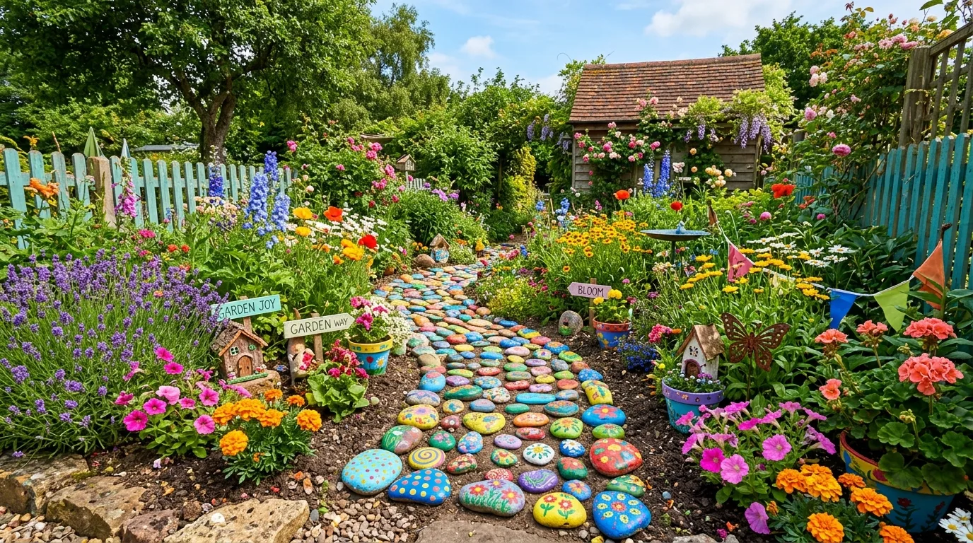 Whimsical garden with colorful painted stones forming a playful pathway.