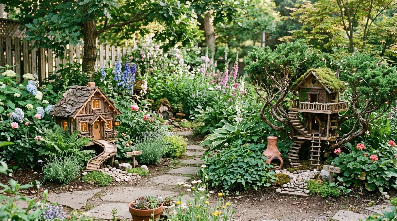 Backyard garden with handmade fairy houses tucked among plants.