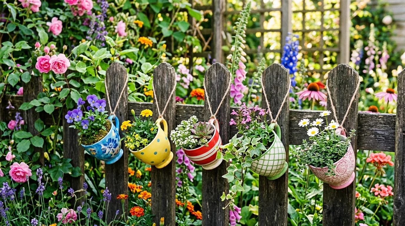 Whimsical garden corner with teacup planters hanging from a fence.
