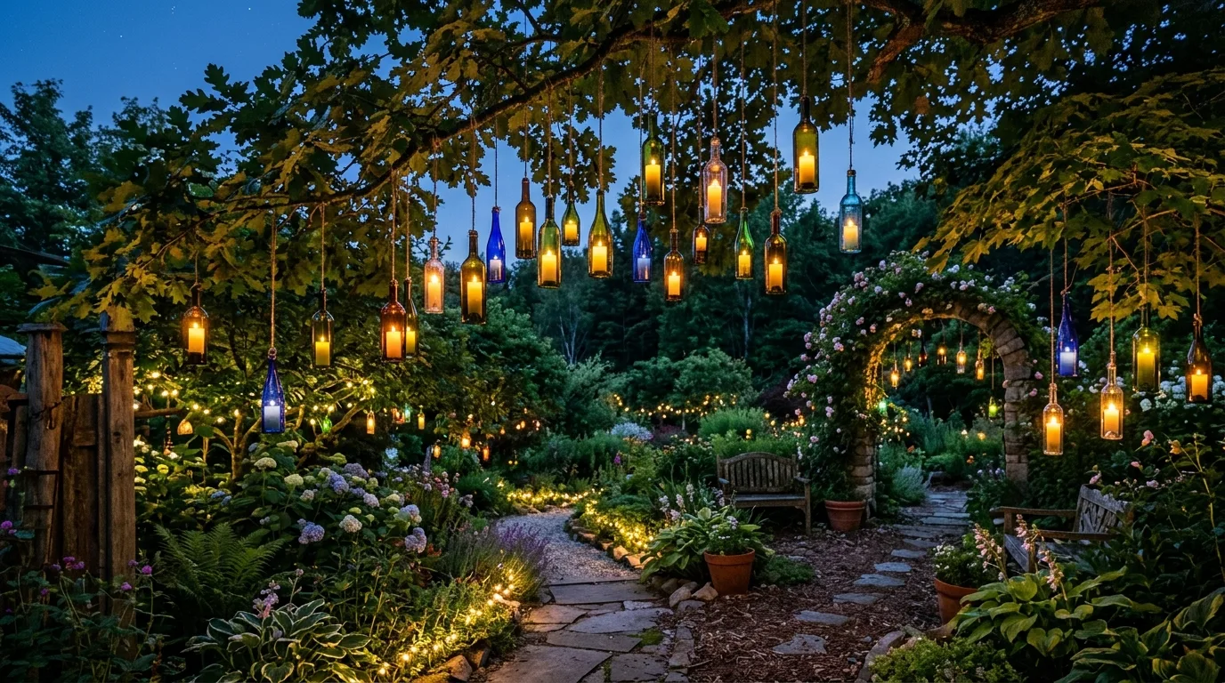 DIY whimsical garden with hanging glass bottle lanterns in trees.