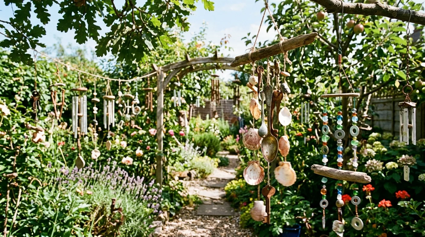 Garden filled with handmade wind chimes made from recycled metal and shells.