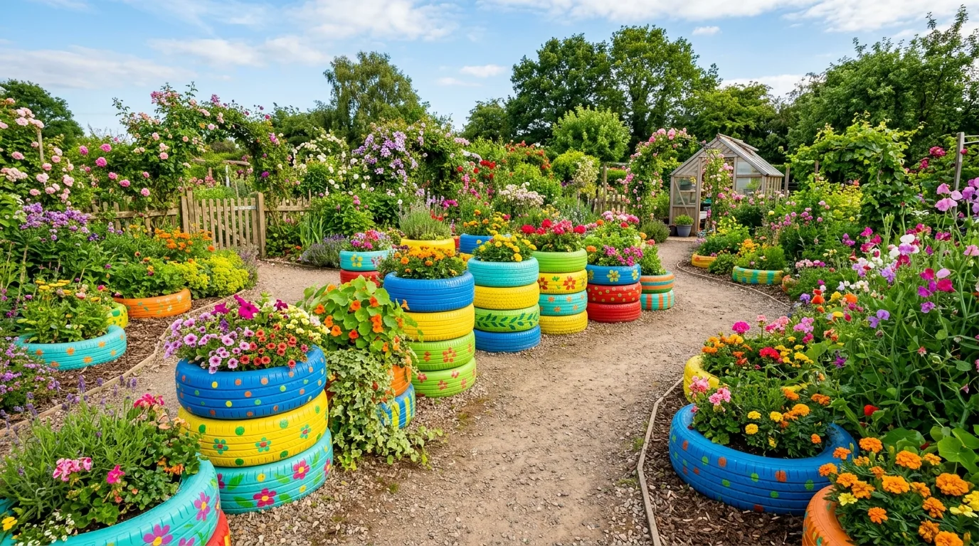 Whimsical garden with stacked painted tire planters full of flowers.