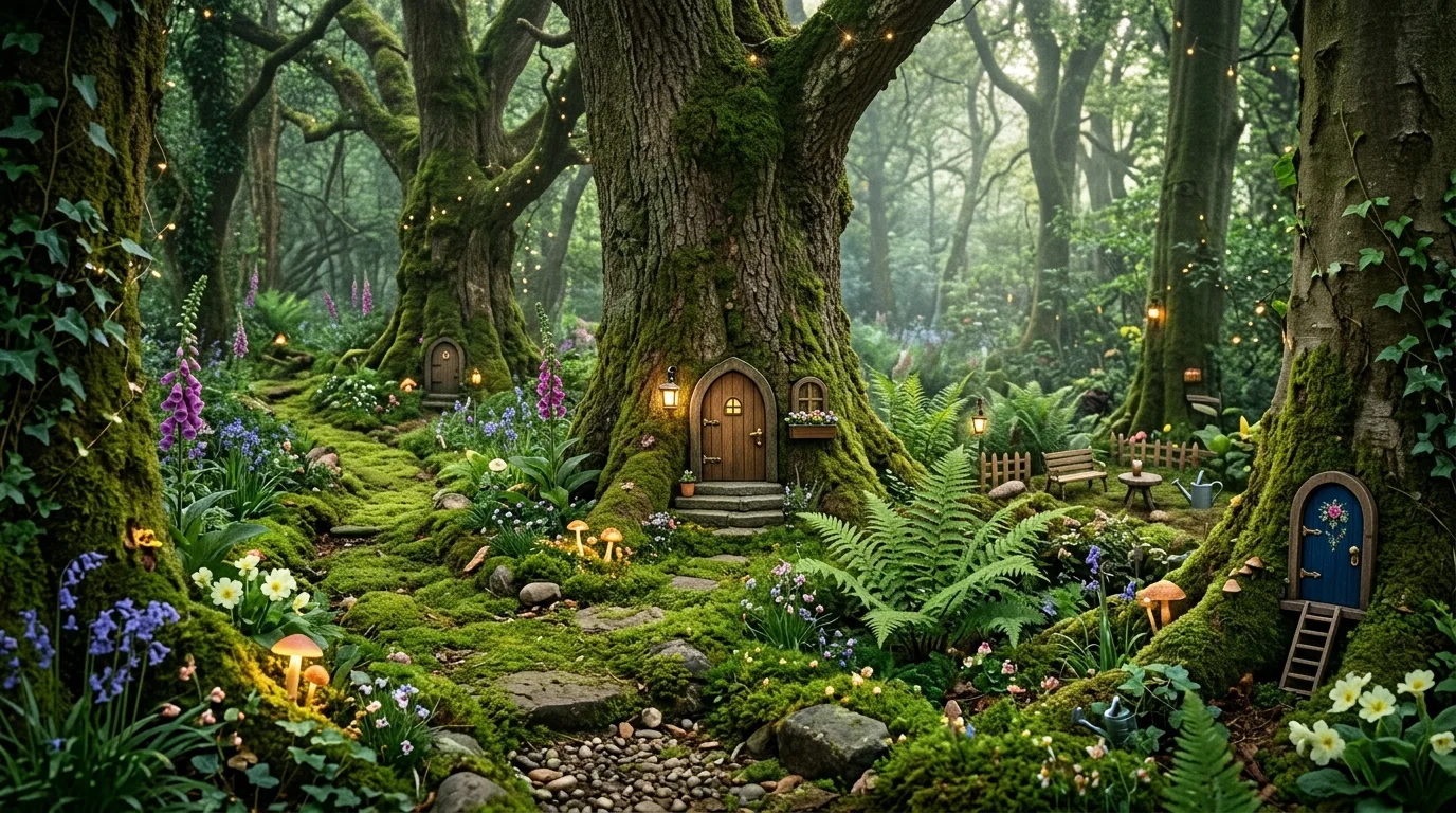 Fairy-tale garden with miniature doors on tree trunks and moss pathways.