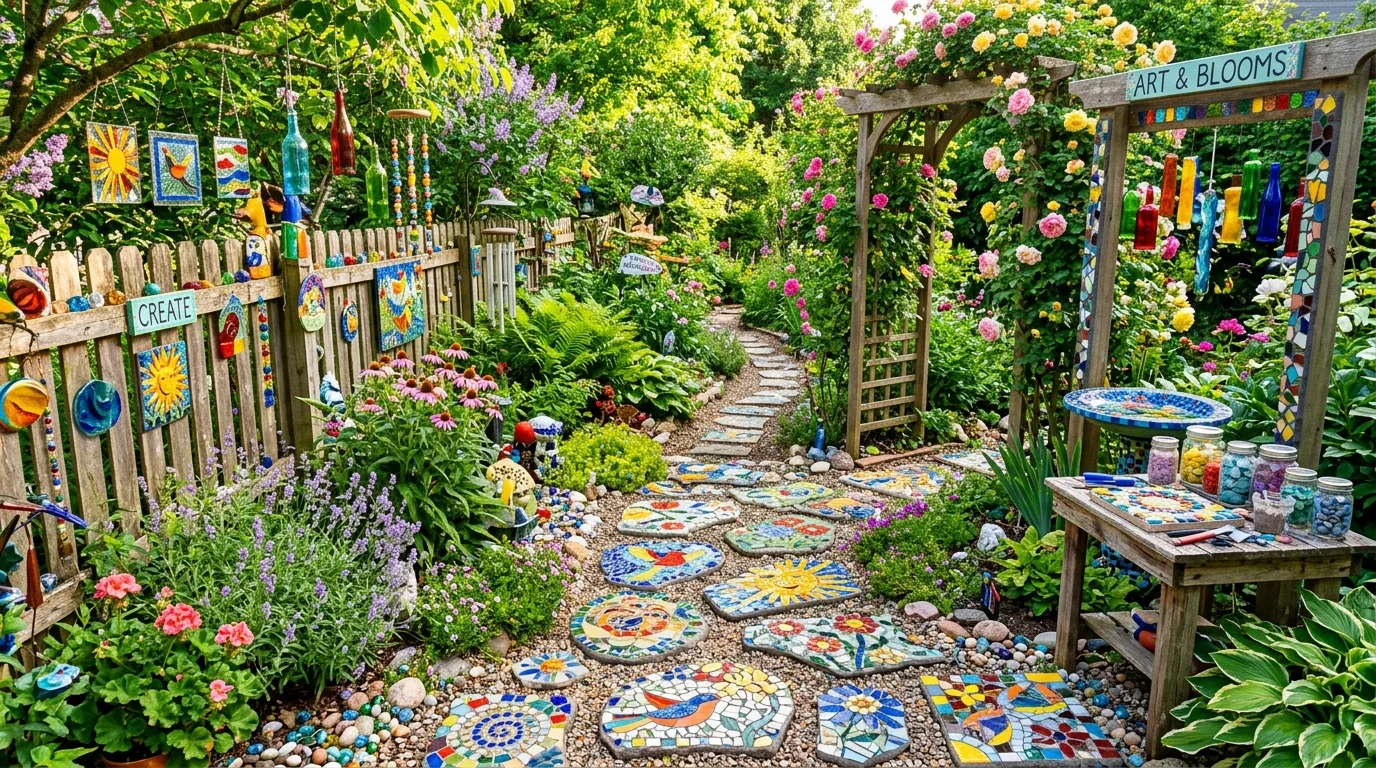 DIY garden art space with mosaic stepping stones and colorful glass accents.